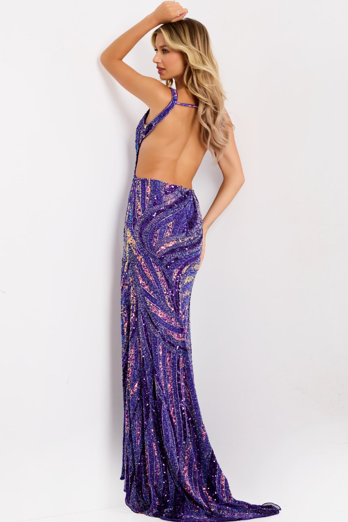 Jovani 47793 Deep V Purple Sequin Gown With Side Cutouts