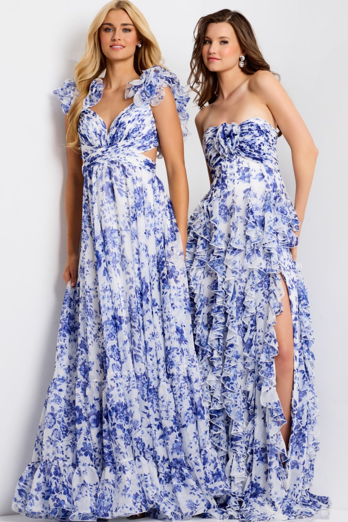Jovani 49143 Ruffle Shoulder Floral A Line Gown With Cutouts