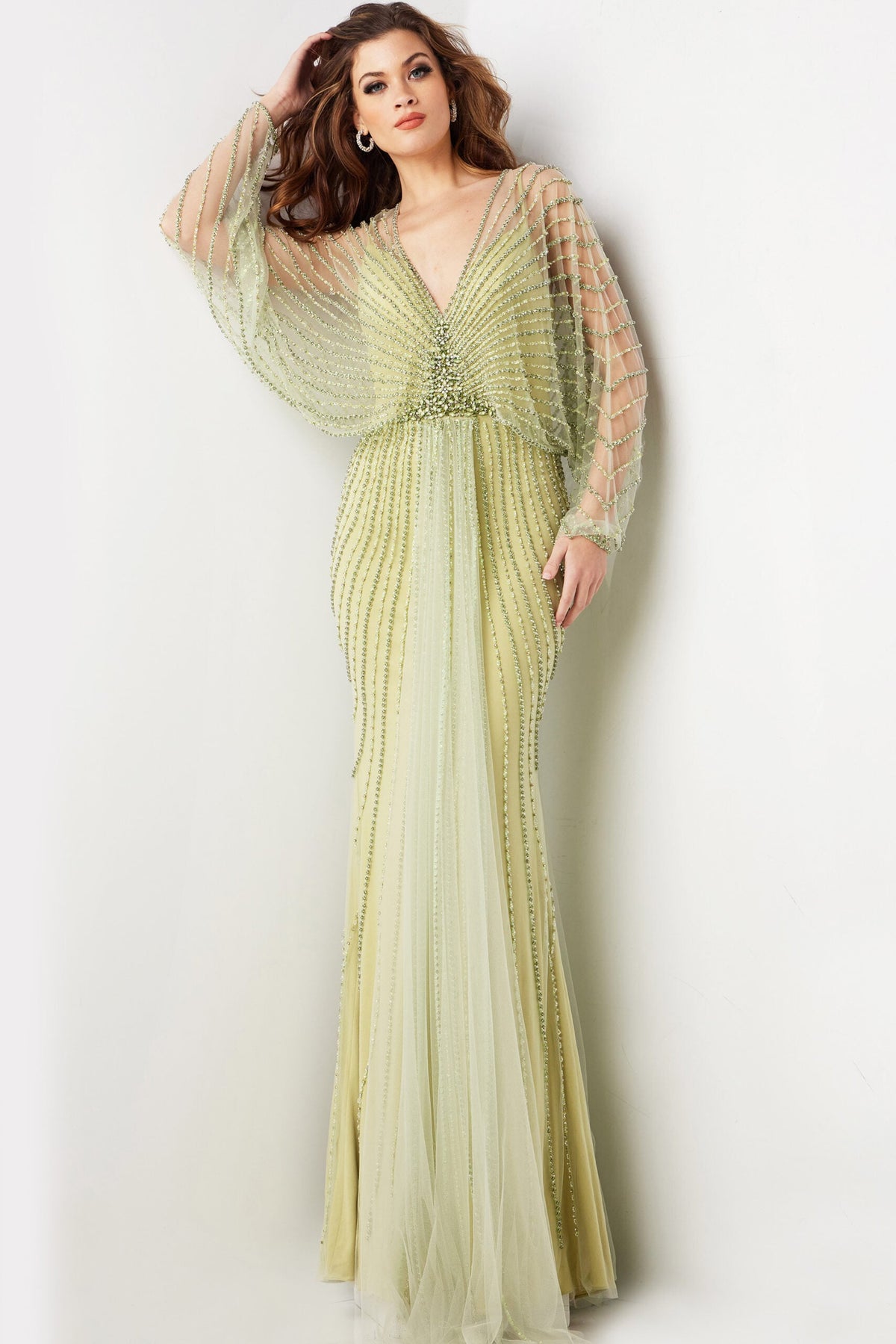 Jovani Mother of the Bride Dress 00 / Olive Jovani 36744 Beaded Long Sleeve Evening Dress