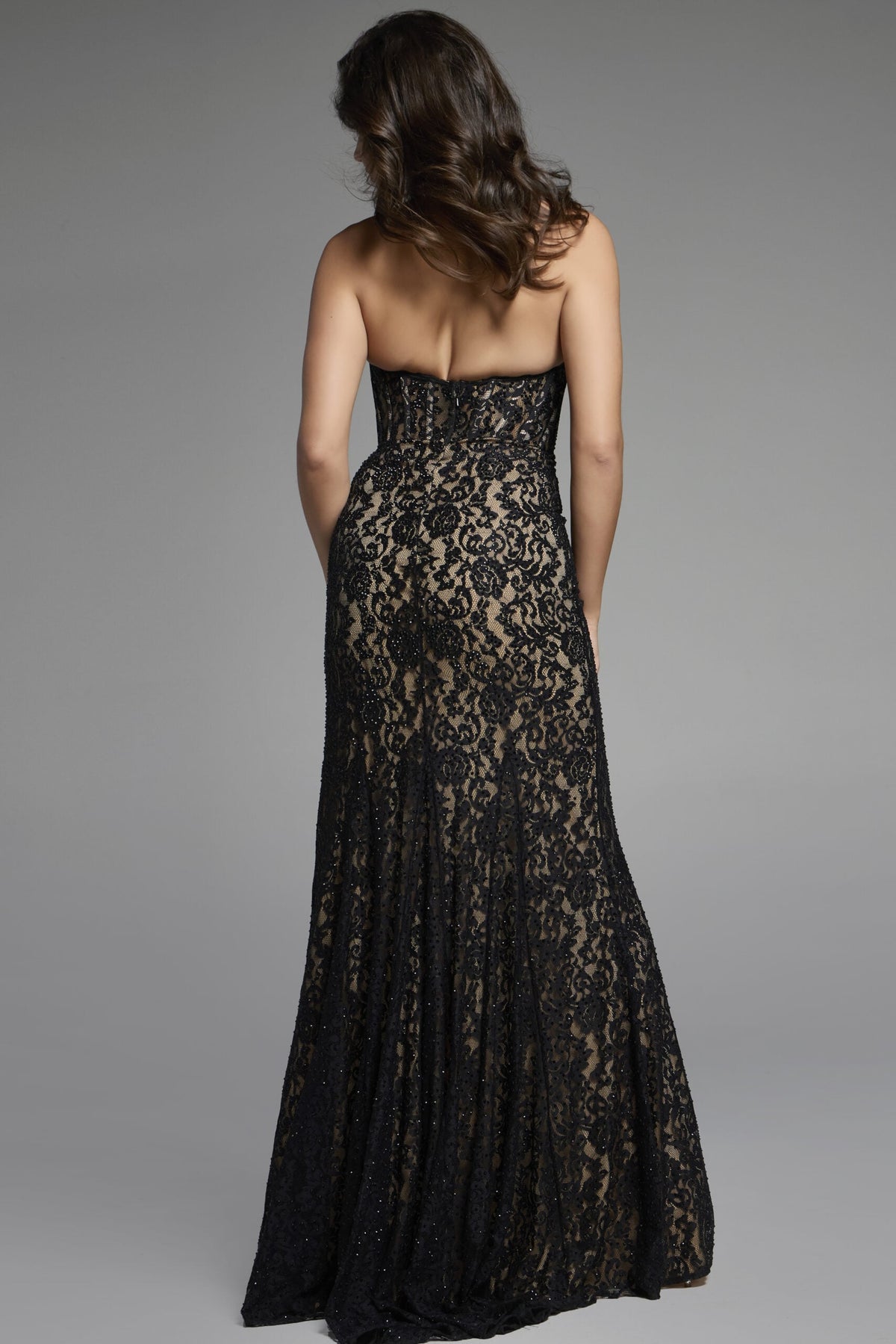 Jovani 42724 Halter Plunge Gown With Lace Overlay And High Slit