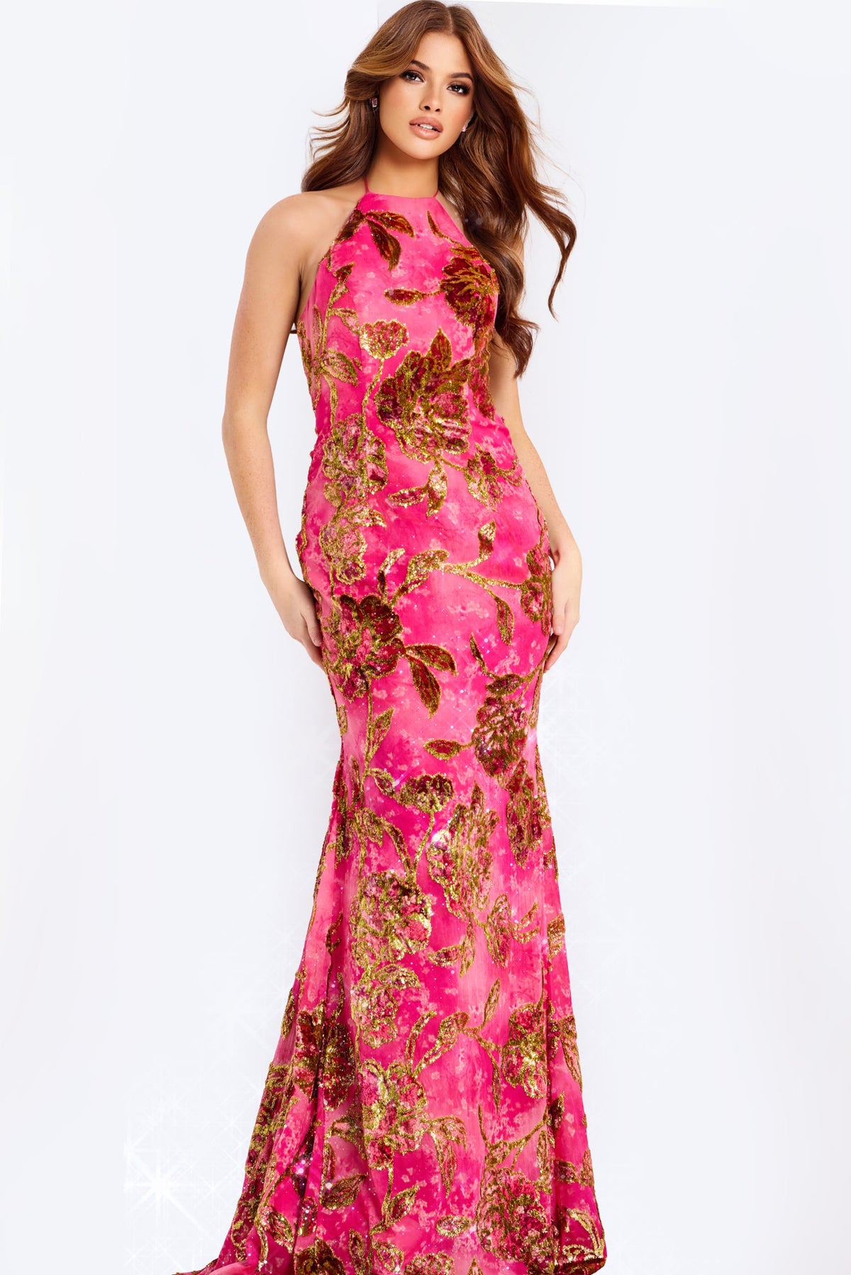 Jovani 46434 Halter Floral Sequin Backless Dress