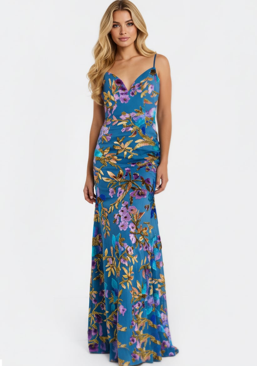 Jovani 47655 Floral Sequin V Neck Fitted Gown