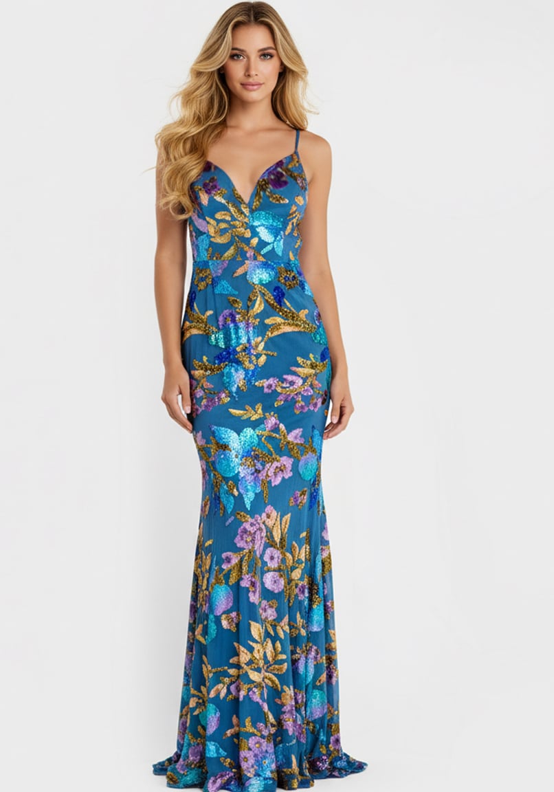 Jovani 47655 Floral Sequin V Neck Fitted Gown