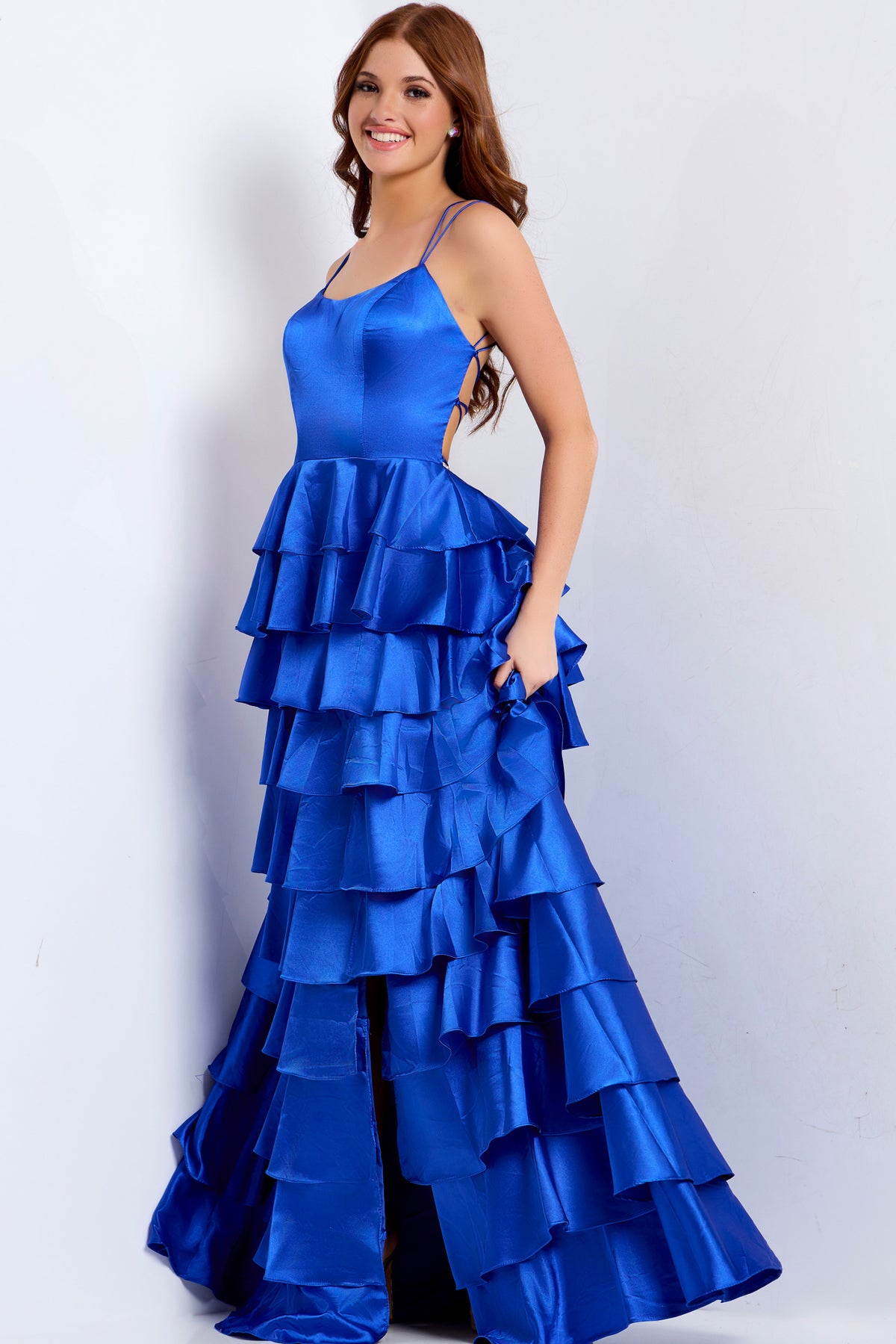 Jovani 48295 Tiered Satin Dress With Spaghetti Straps