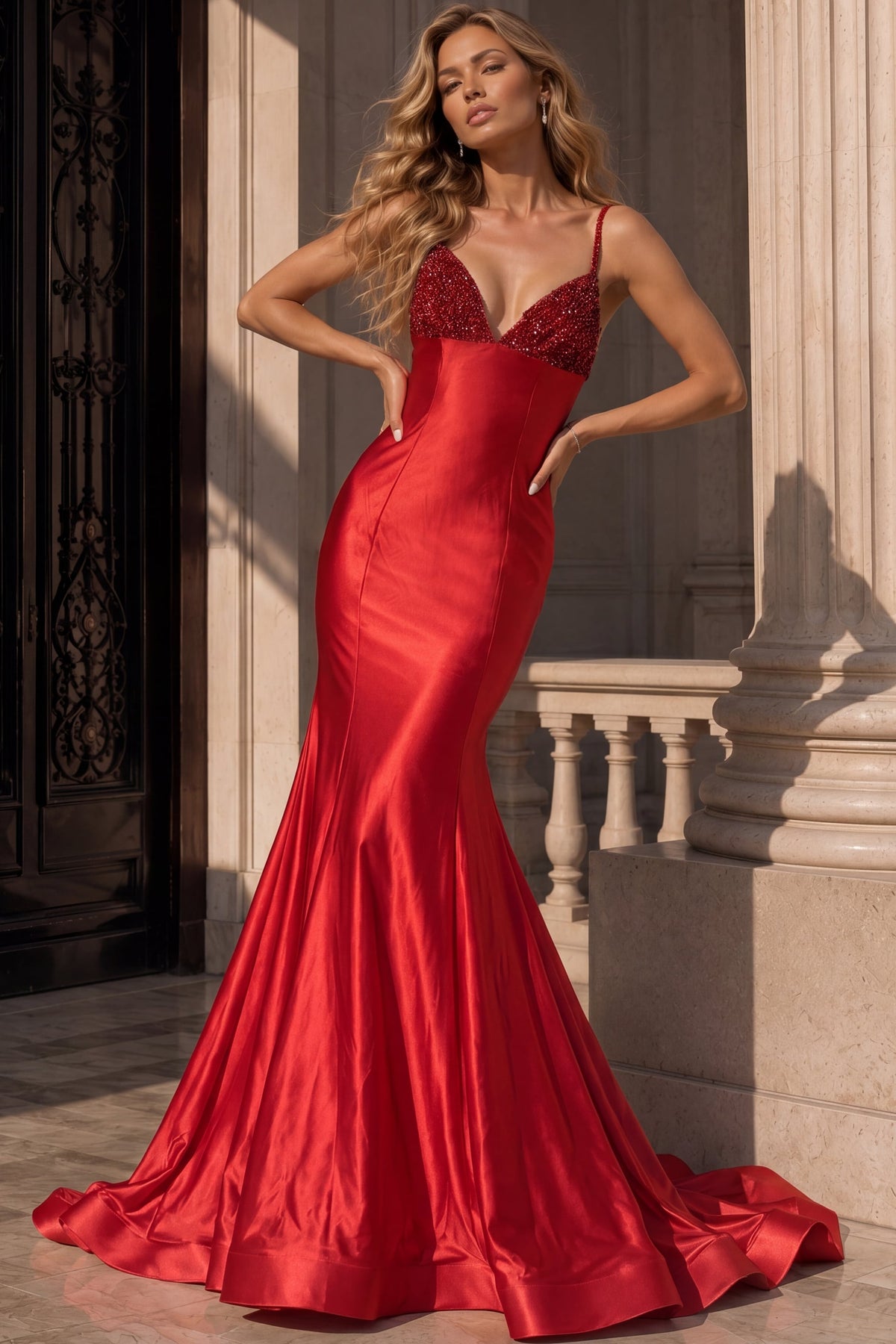 Jovani 48733 Satin Dress With Beaded Bodice