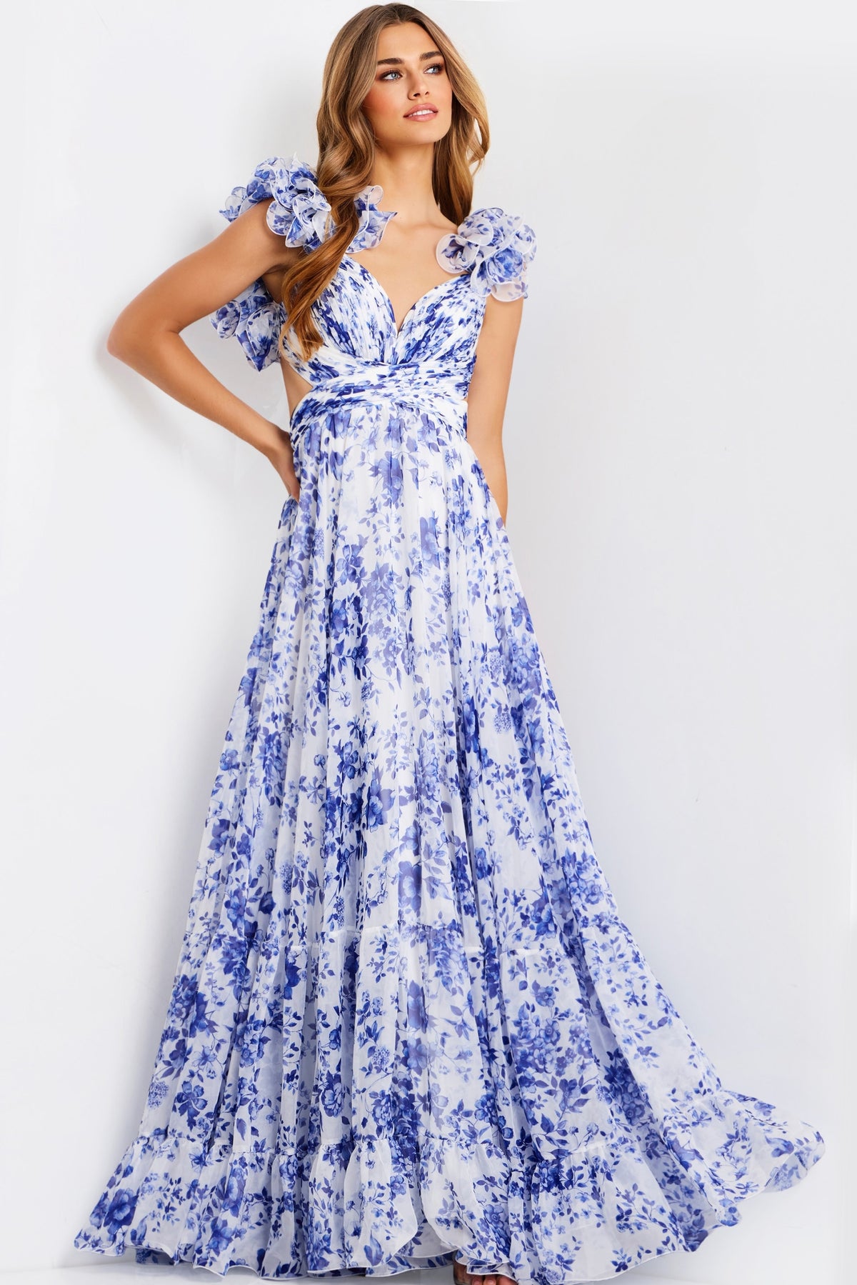 Jovani 49143 Ruffle Shoulder Floral A Line Gown With Cutouts