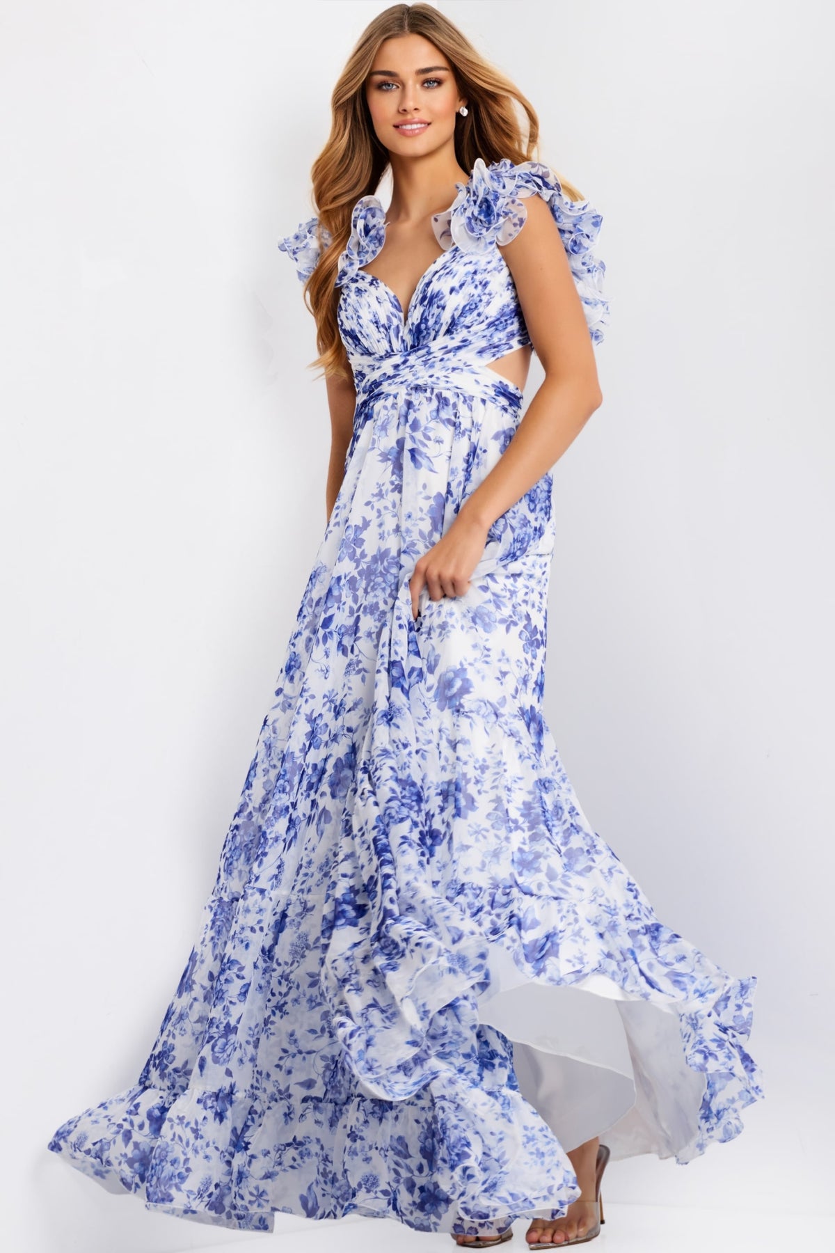 Jovani 49143 Ruffle Shoulder Floral A Line Gown With Cutouts