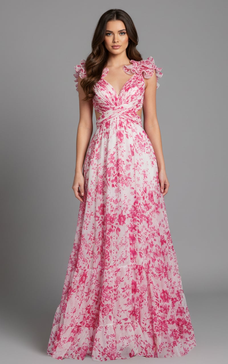 Jovani 49143 Ruffle Shoulder Floral A Line Gown With Cutouts