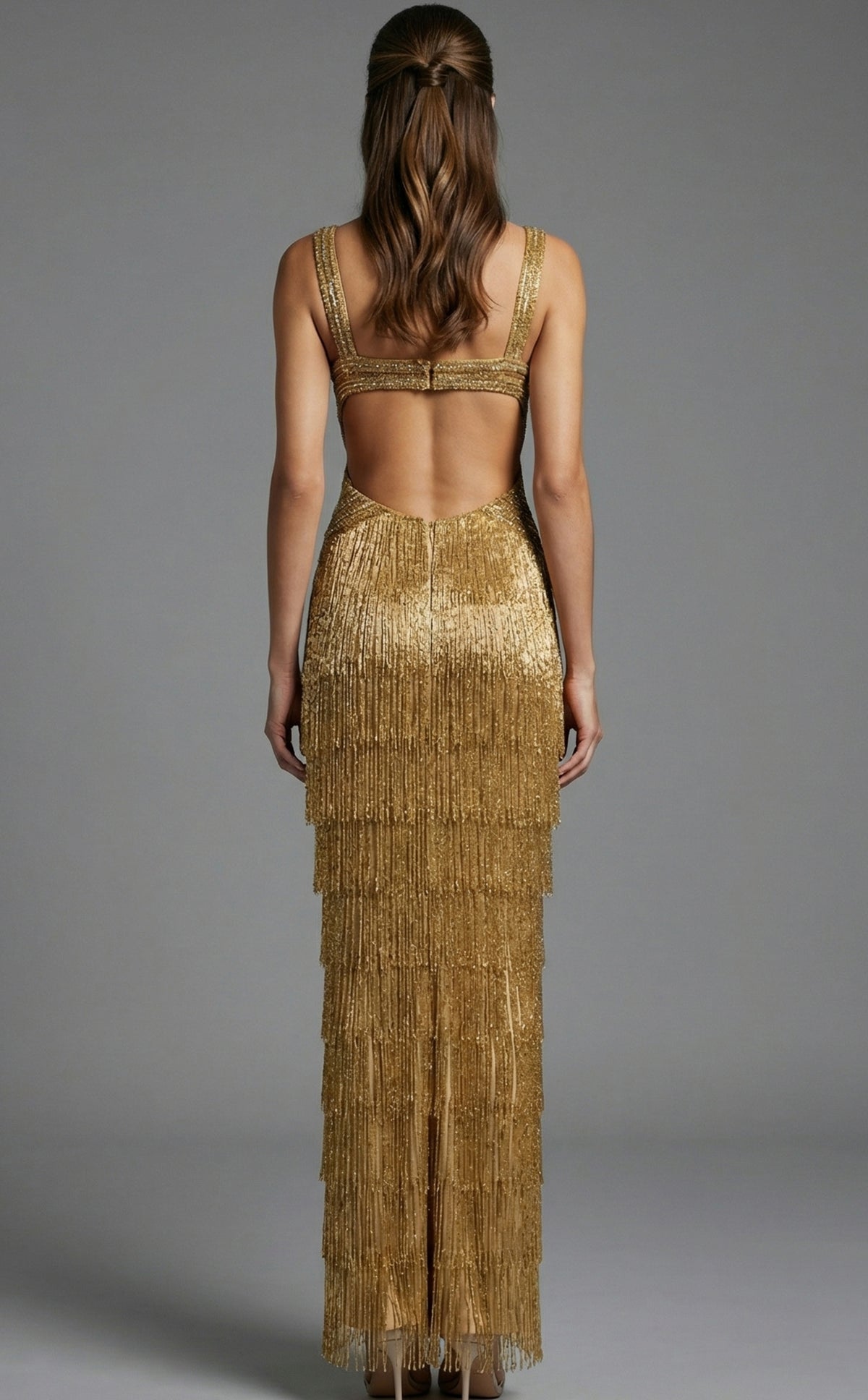 Jovani 49269 V Neck Beaded Fringe Dress With High Slit