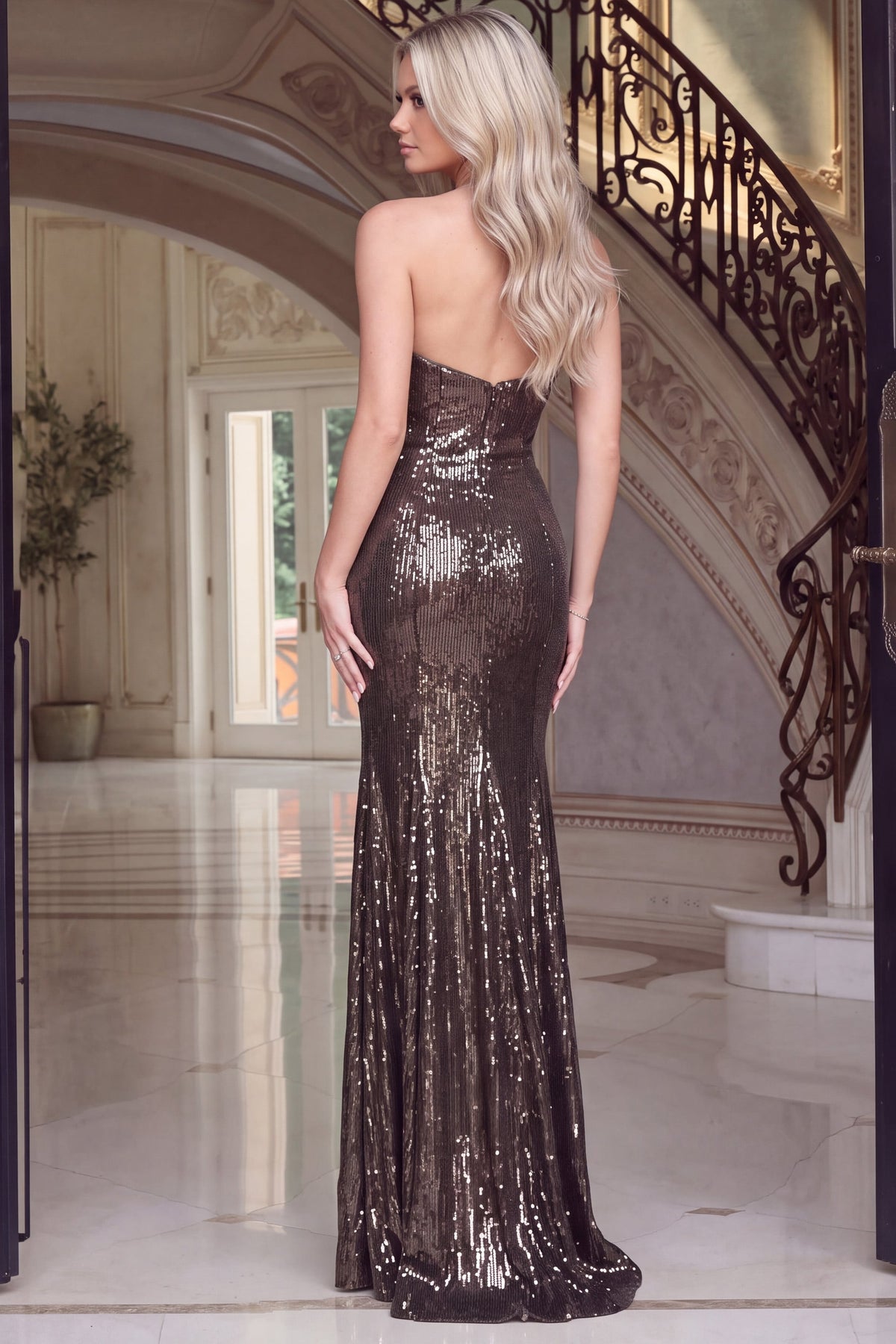 Jovani 51812 Brown Liquid Sequin Halter Mermaid Gown With Open Back