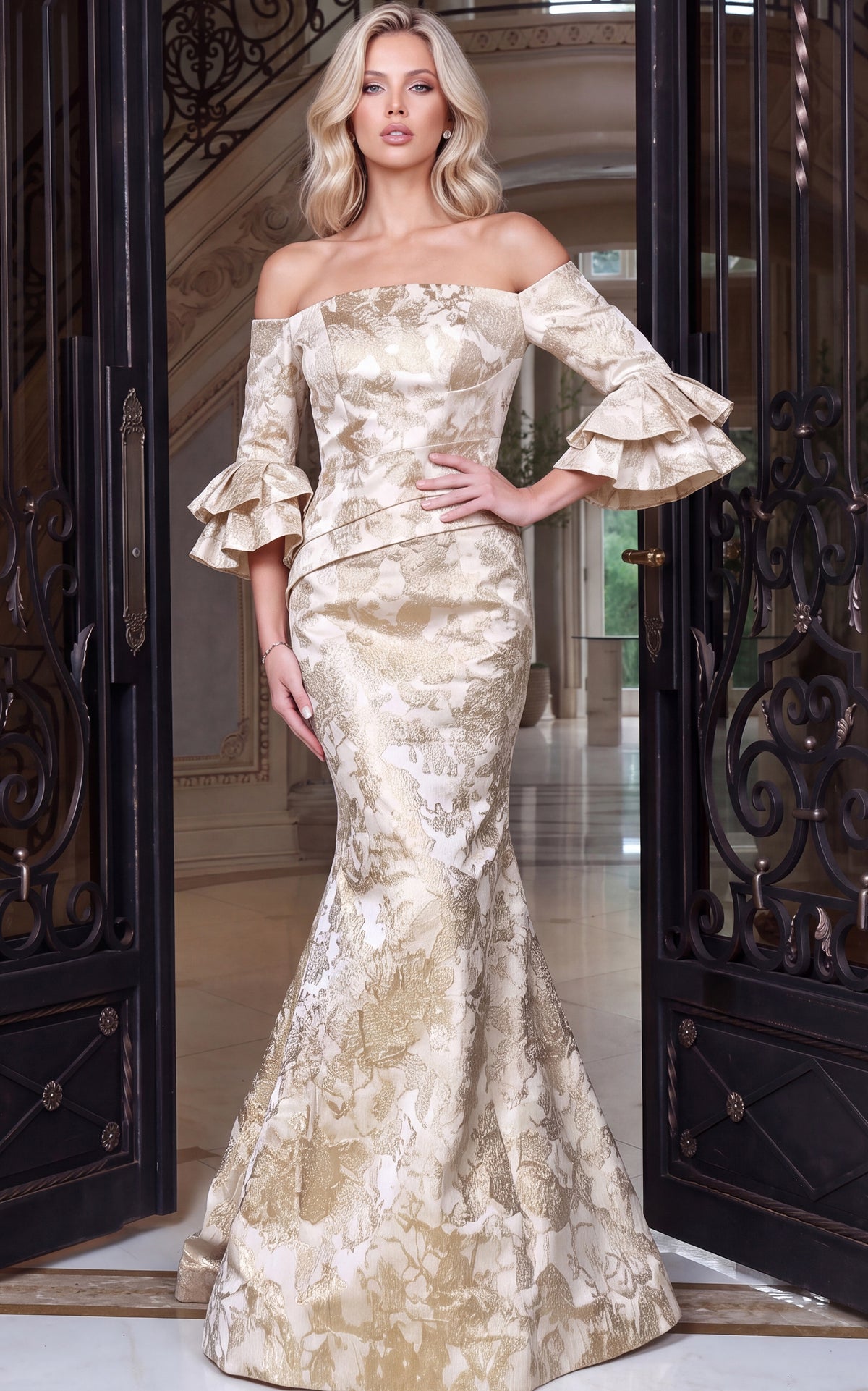 Jovani 52823 Off Shoulder Jacquard Mermaid Gown