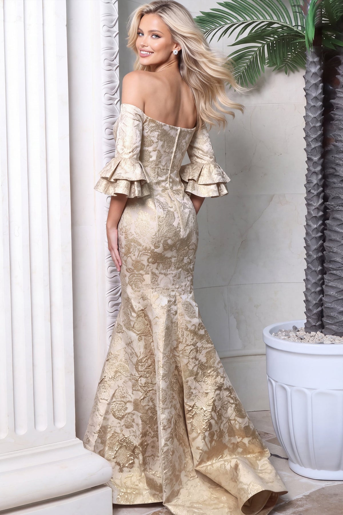 Jovani 52823 Off Shoulder Jacquard Mermaid Gown