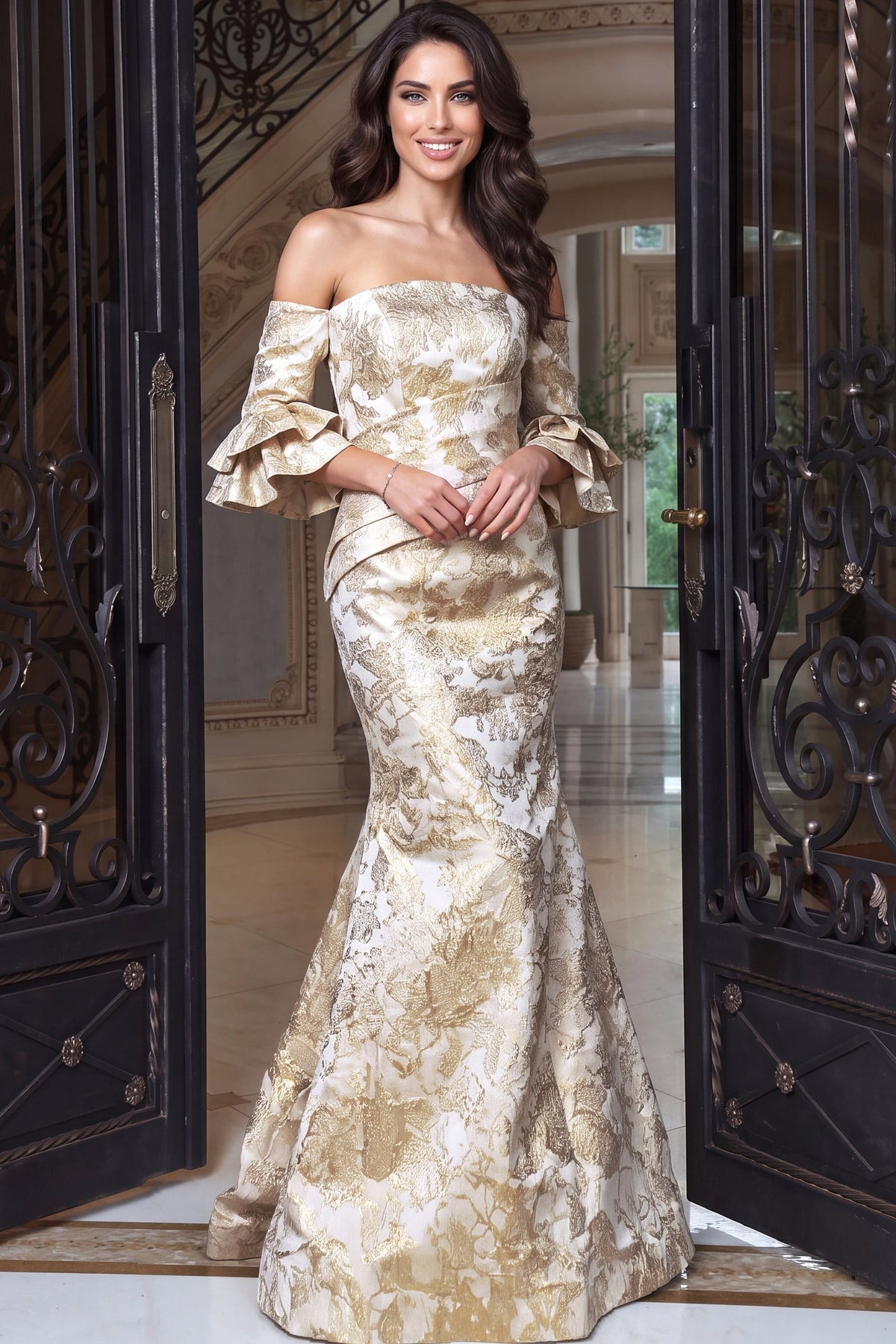 Jovani 52823 Off Shoulder Jacquard Mermaid Gown