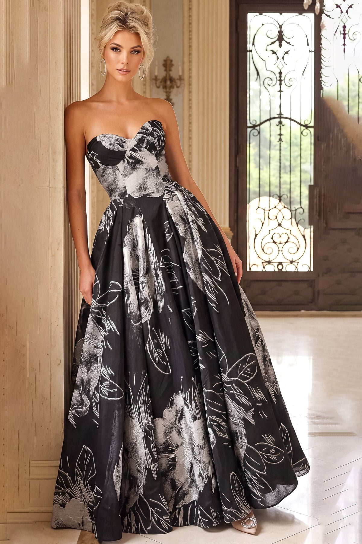 Jovani 53102 Floral Strapless Ruched Sweetheart Ball Gown