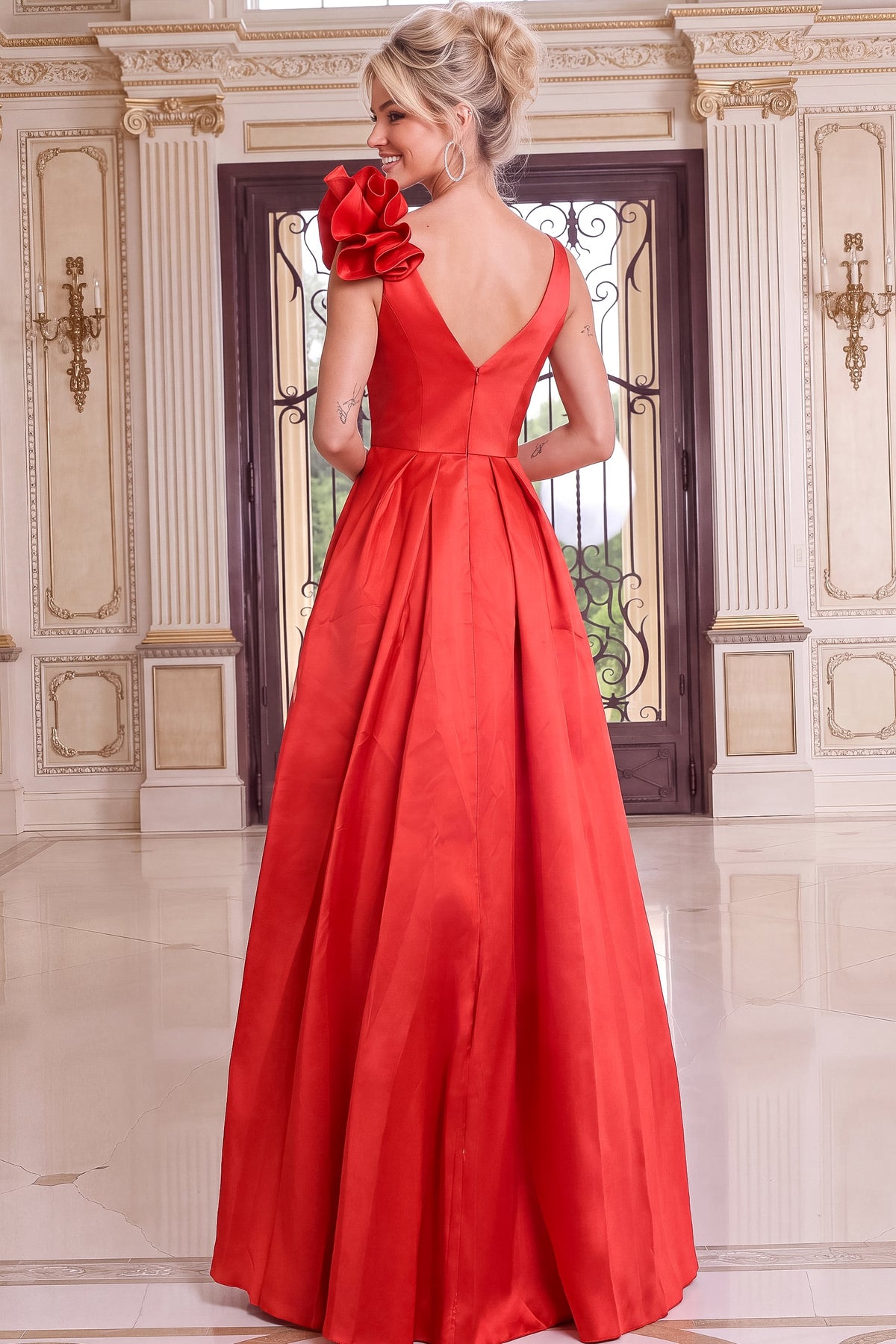 Jovani 53137 V-Neck One-Shoulder Ruffle A-Line Gown