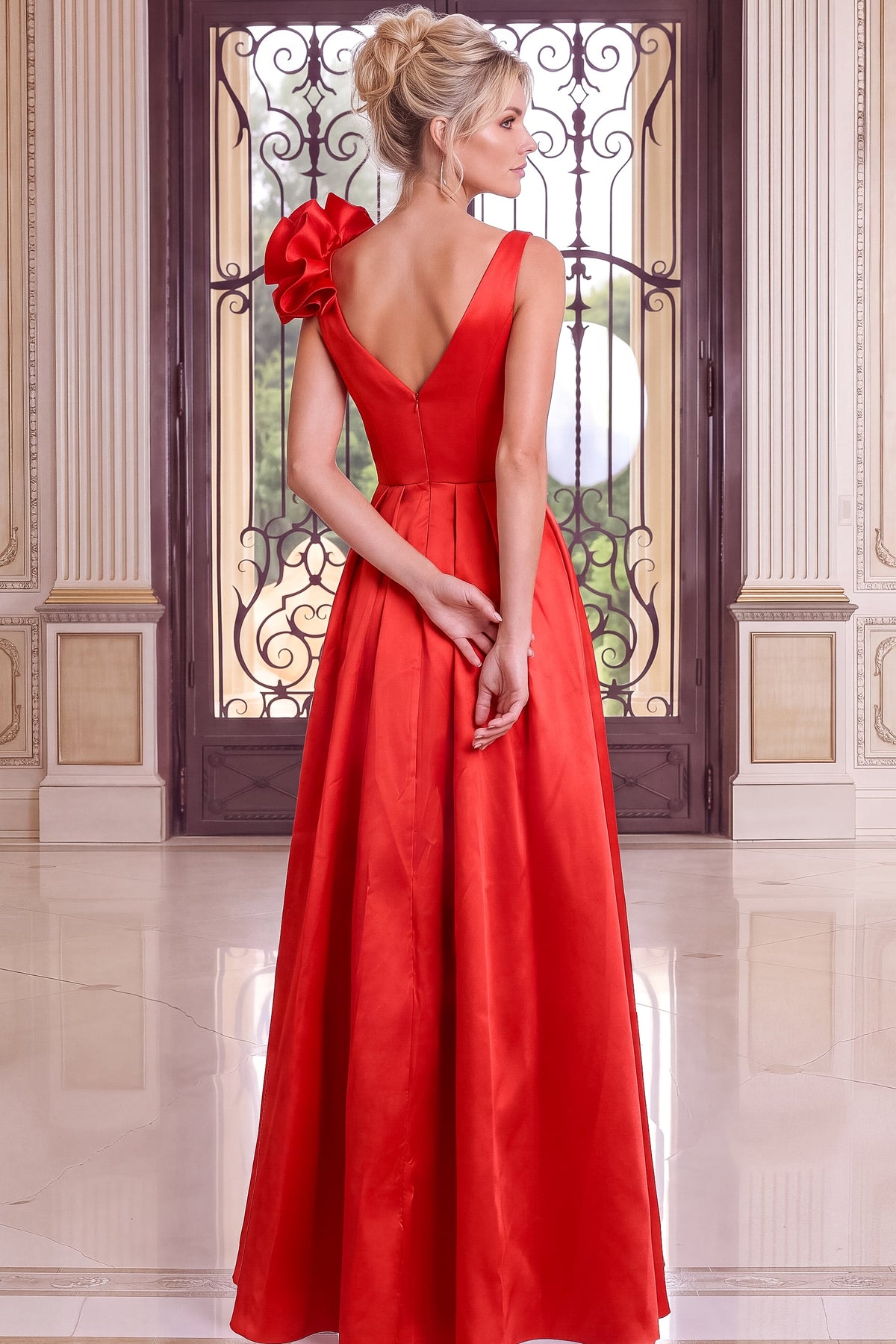 Jovani 53137 V-Neck One-Shoulder Ruffle A-Line Gown