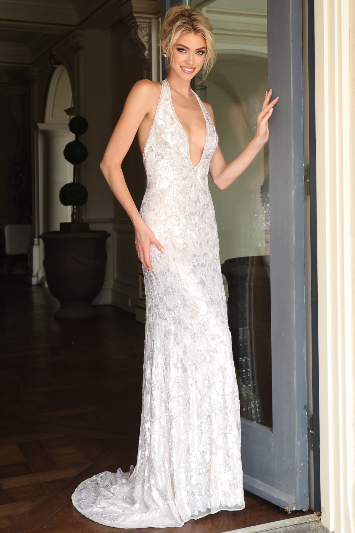 Jovani 53282 Halter Plunge Sequin Embroidered Column Gown