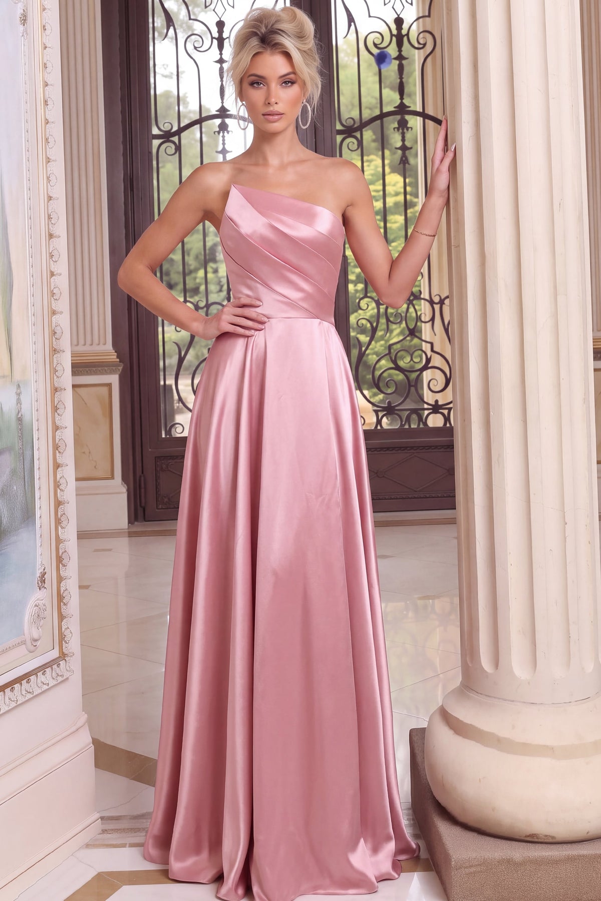 Jovani 53321 Blush Pink One-Shoulder Satin A Line Gown