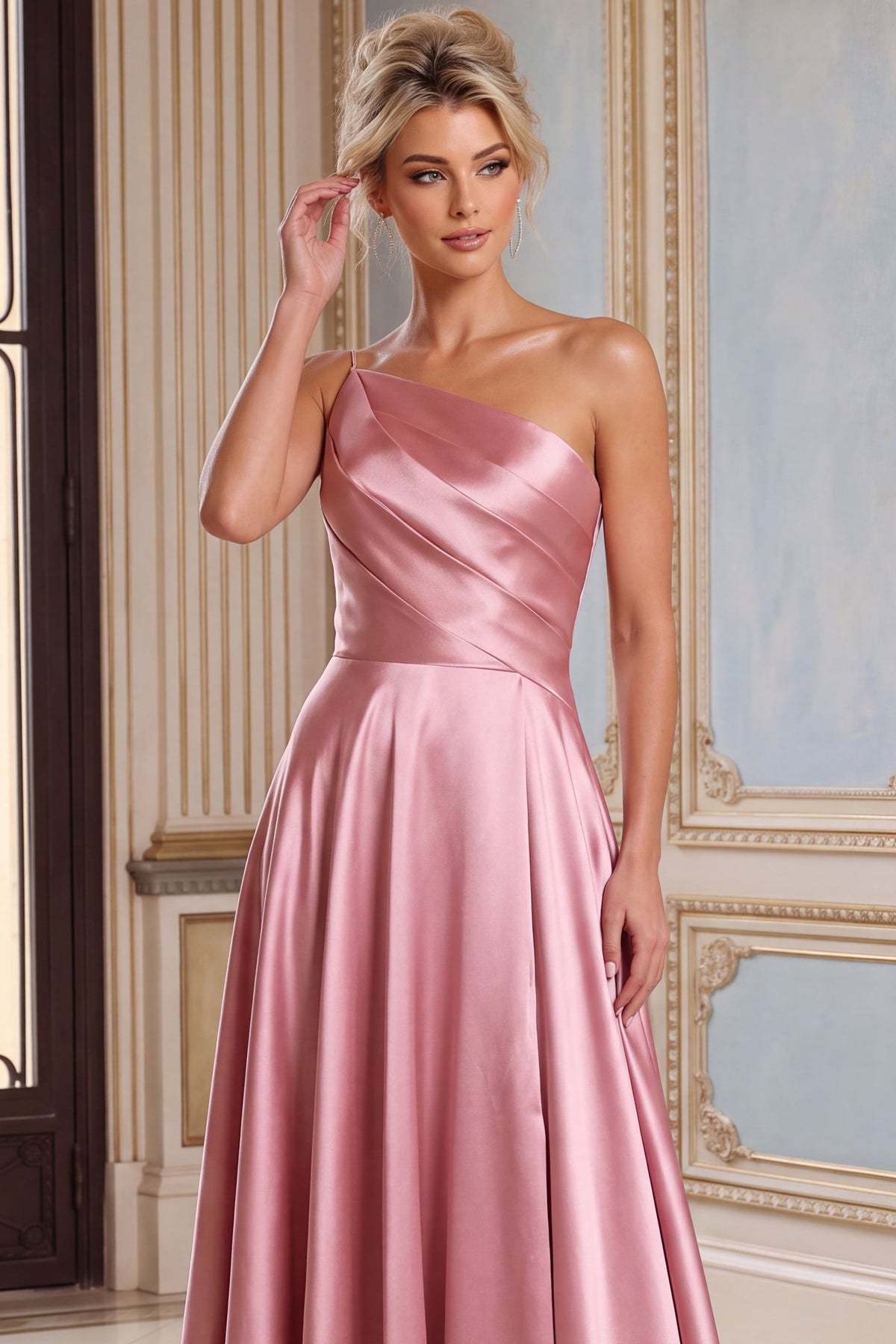 Jovani 53321 Blush Pink One-Shoulder Satin A Line Gown
