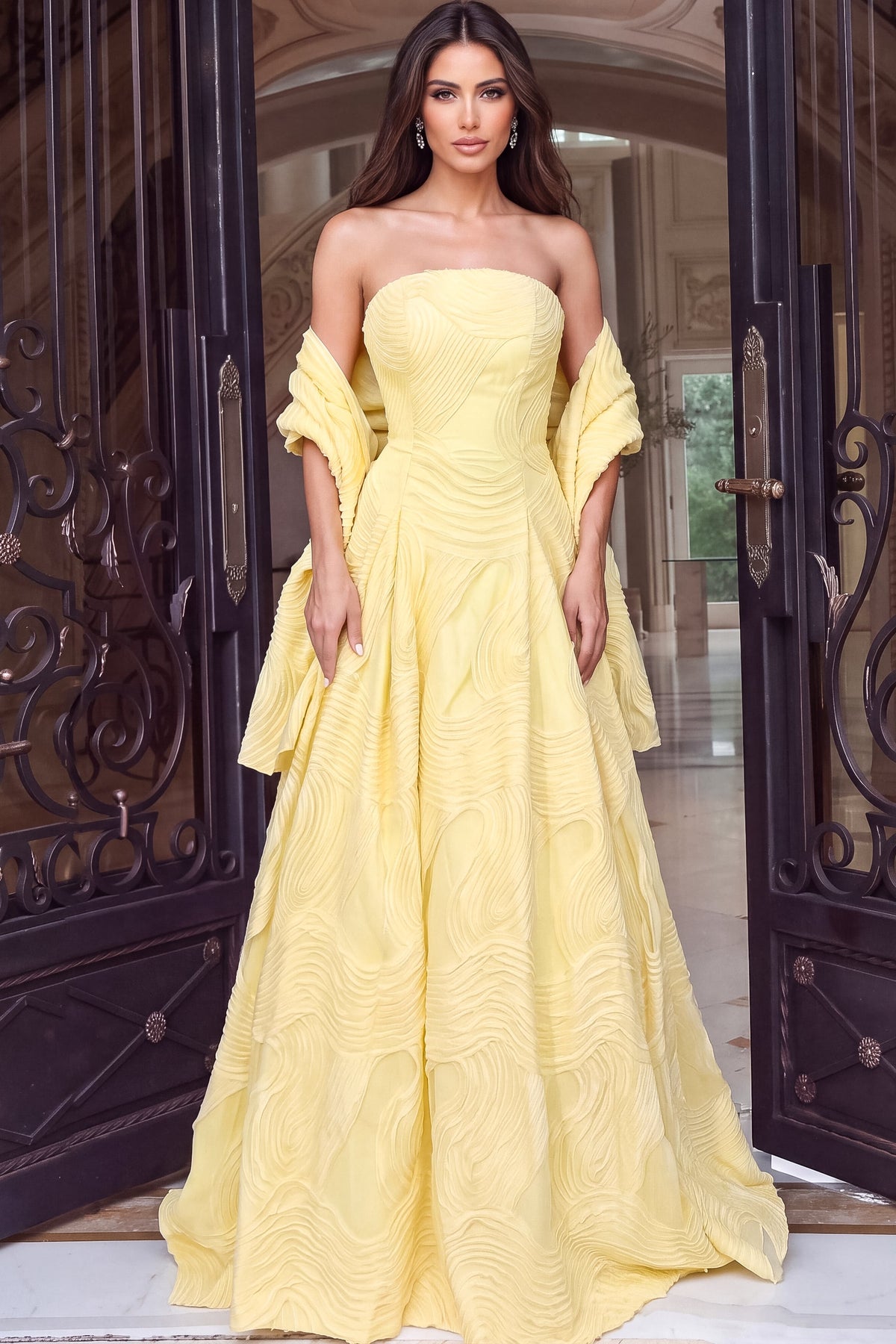 Jovani 53366 Yellow Strapless Textured Ball Gown
