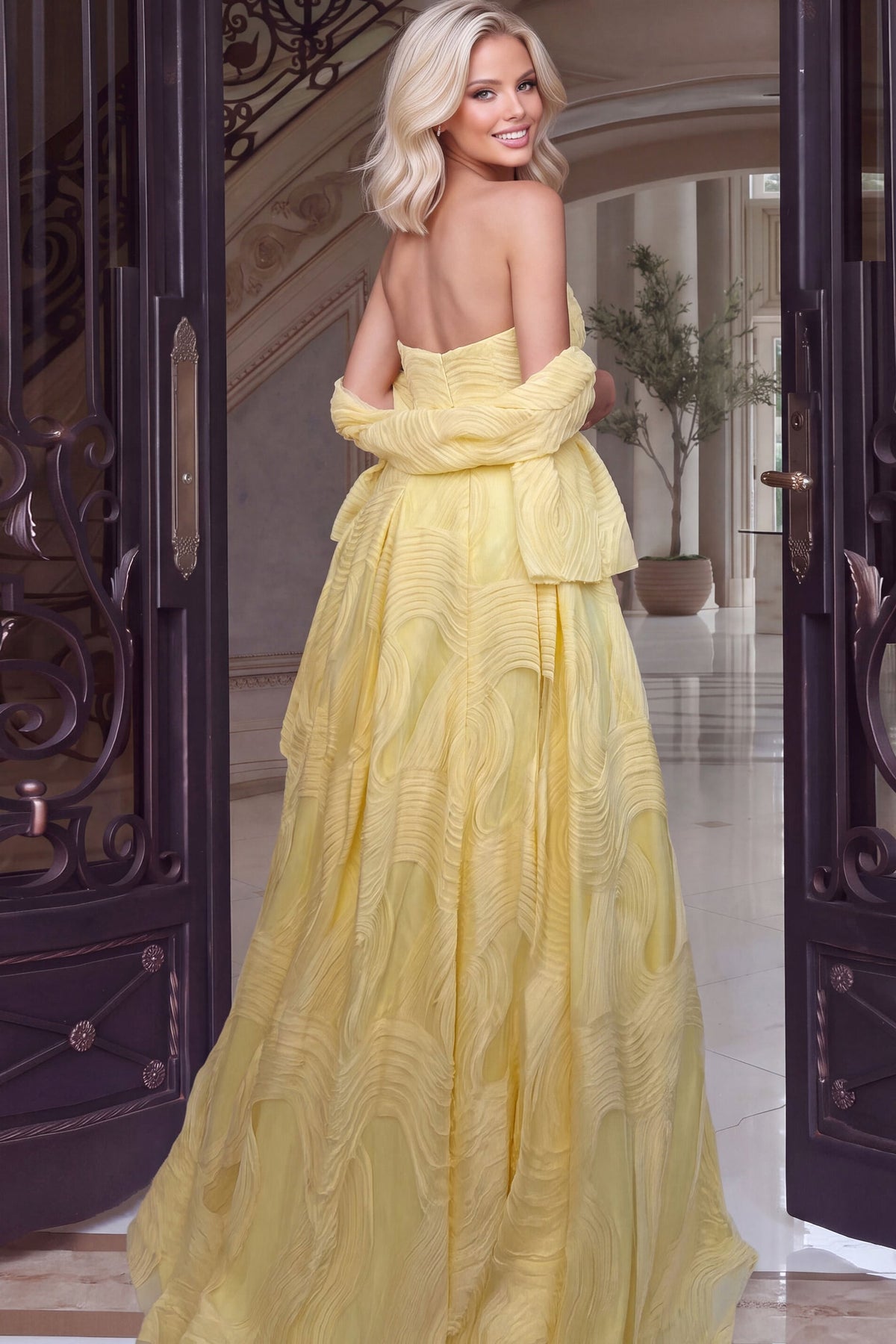 Jovani 53366 Yellow Strapless Textured Ball Gown