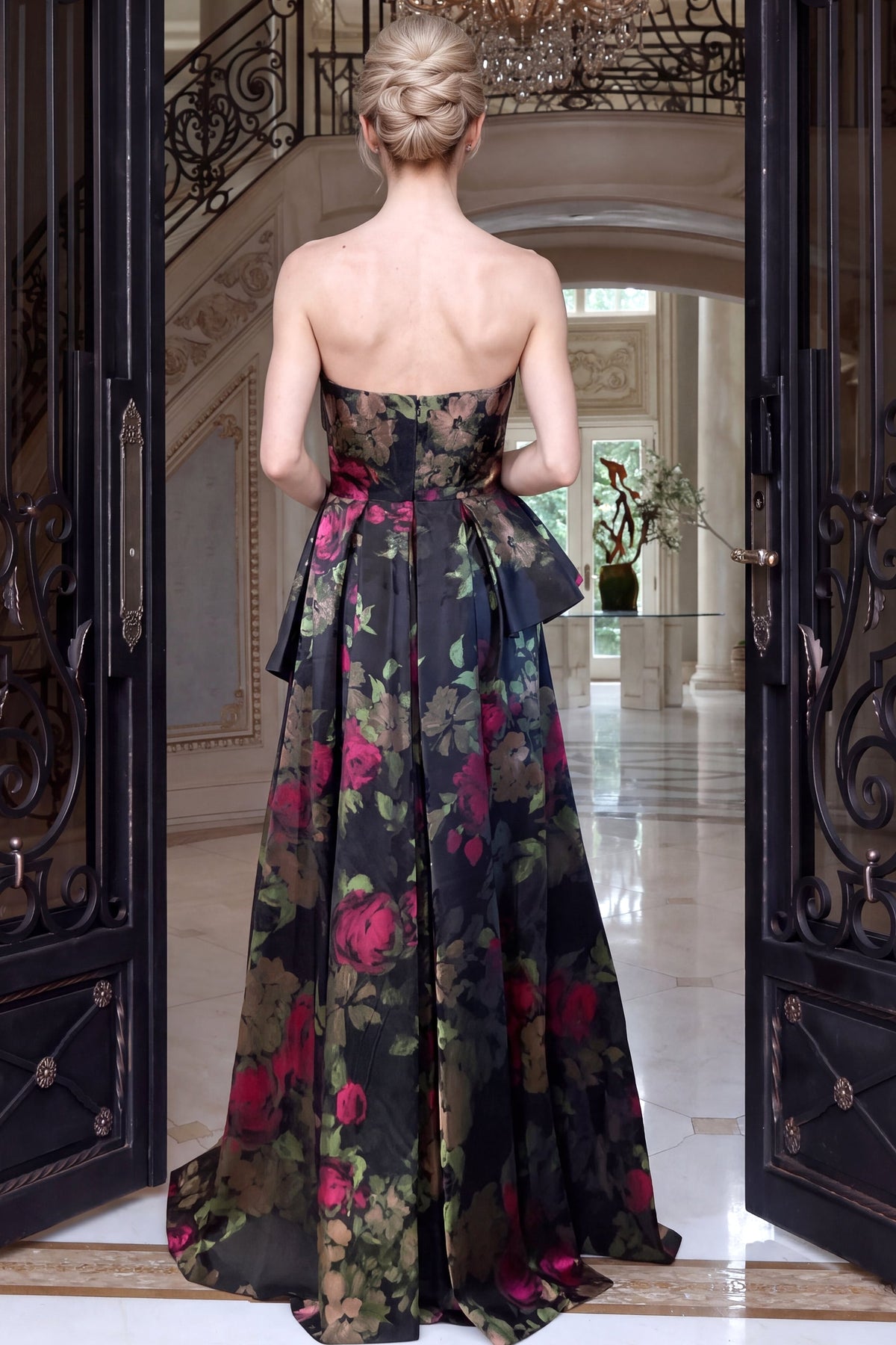 Jovani 53371 Strapless Floral Print Peplum Ball Gown