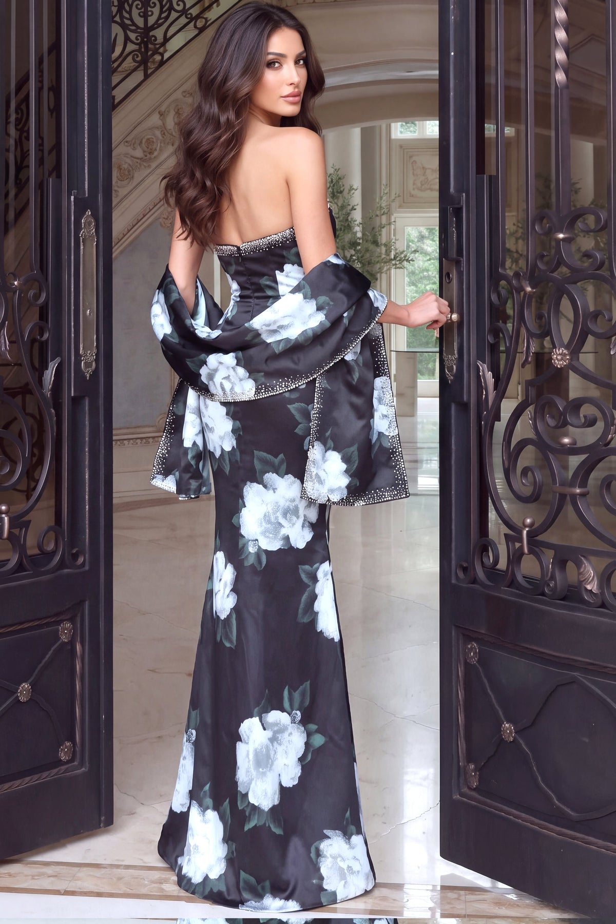 Jovani 53373 Beaded Neckline Floral Satin Mermaid