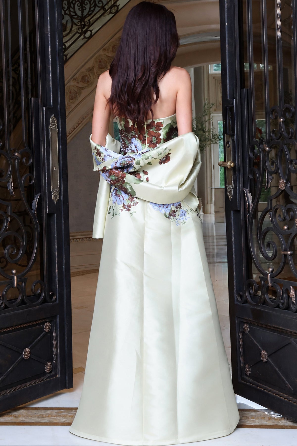 Jovani 53419 Strapless Floral Satin A Line Gown With Shawl