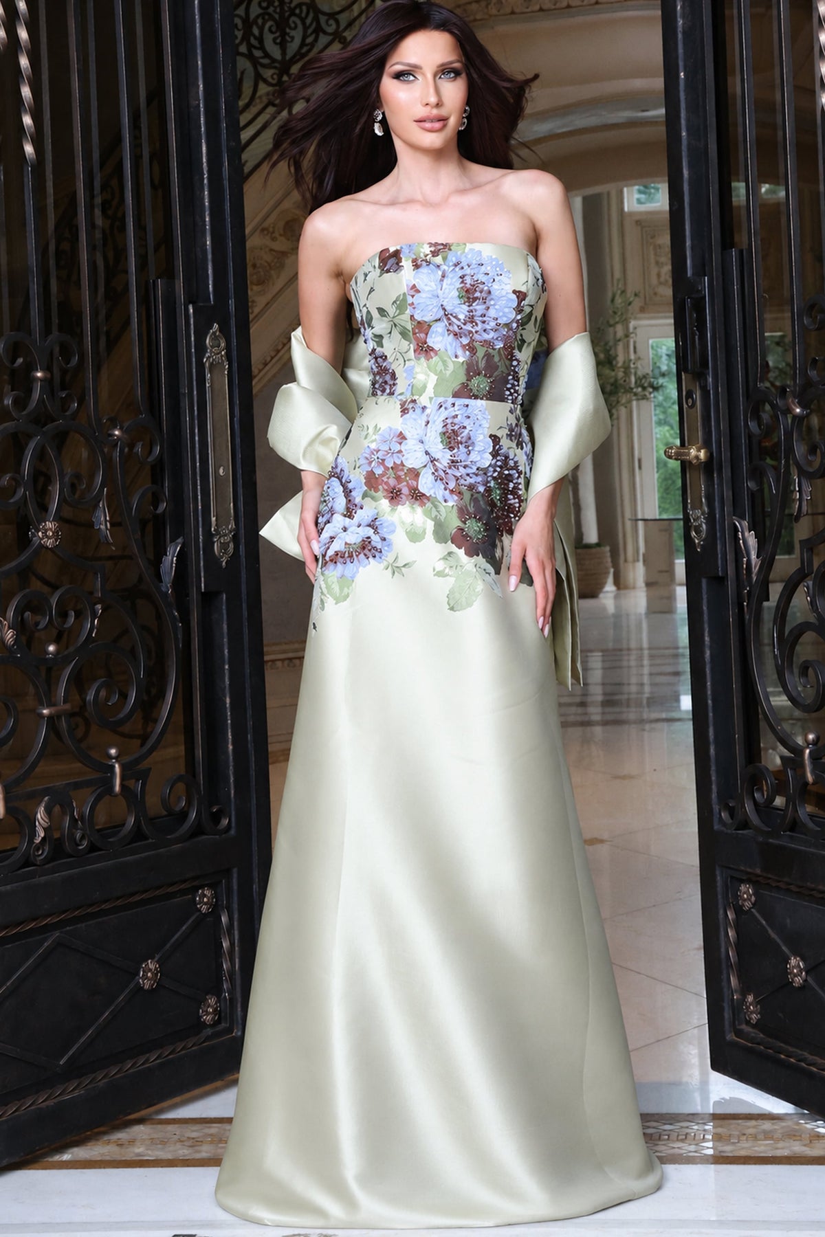 Jovani 53419 Strapless Floral Satin A Line Gown With Shawl