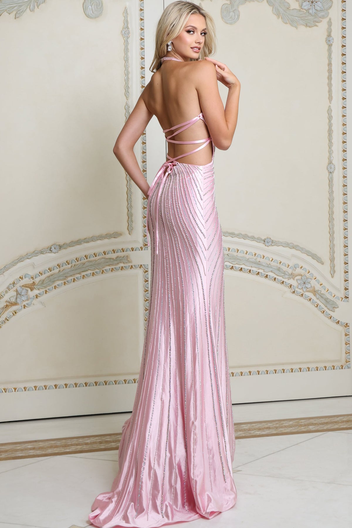 Jovani 53835 Halter Plunge Cutout Beaded Lace Up Back Slit Gown