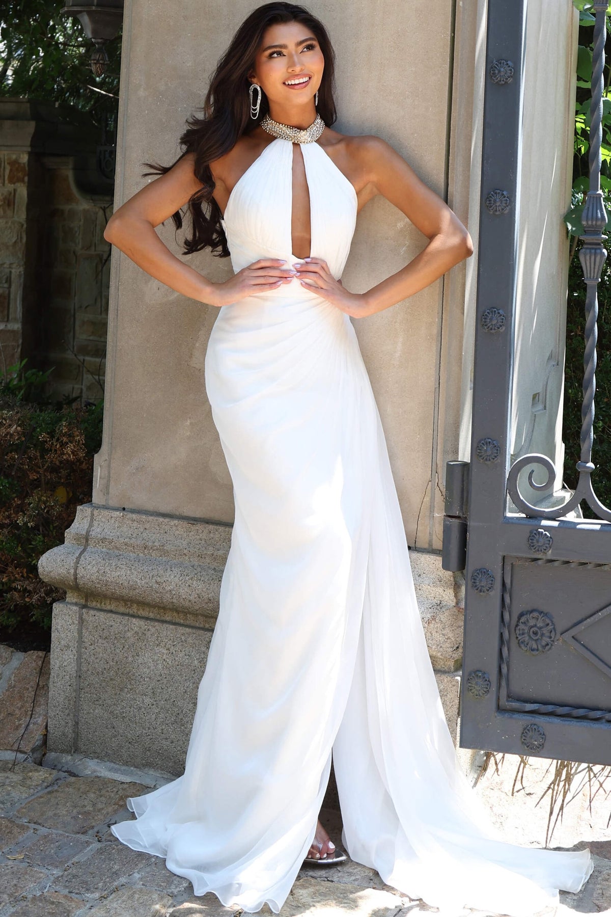 Jovani 53868 Halter Beaded Collar Keyhole Chiffon High Slit Gown