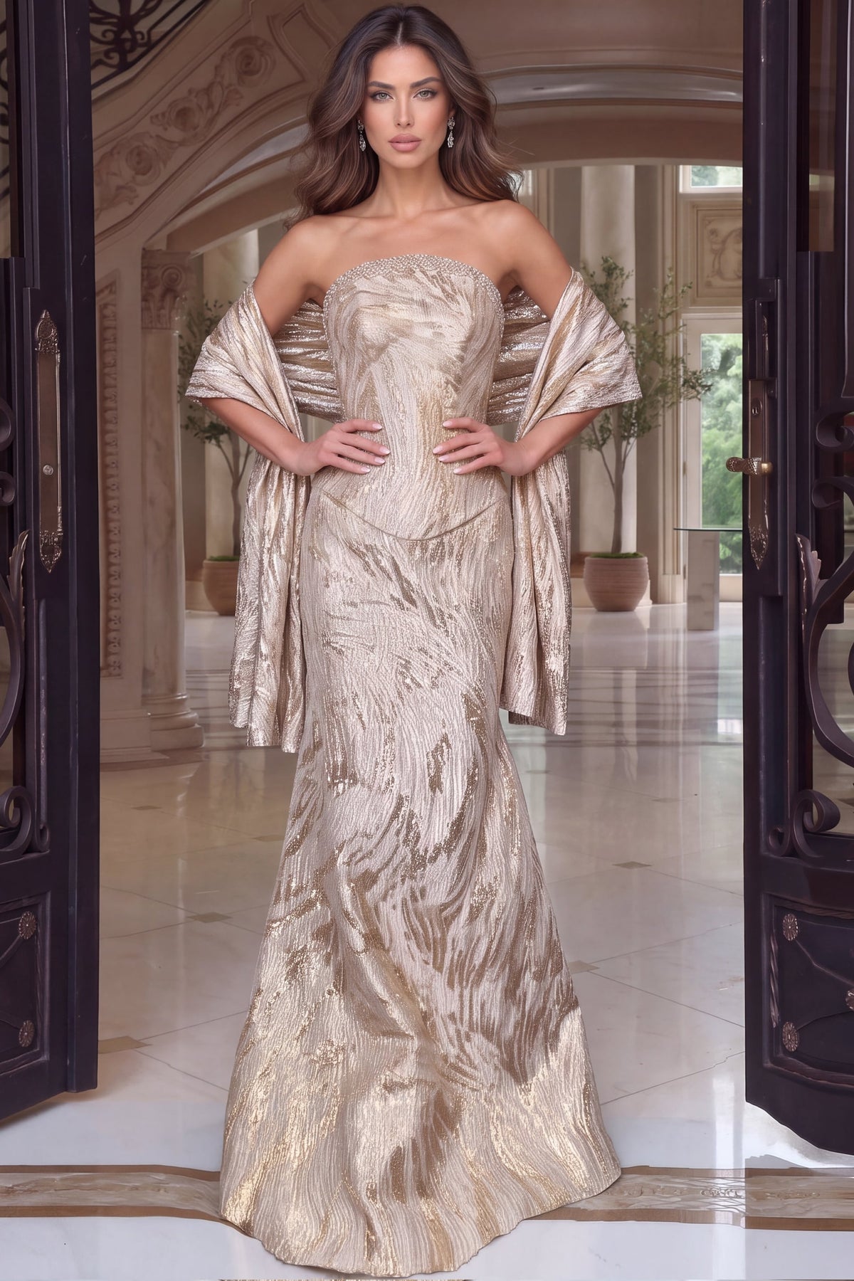 Jovani 53919 Strapless Metallic Brocade Mermaid Gown