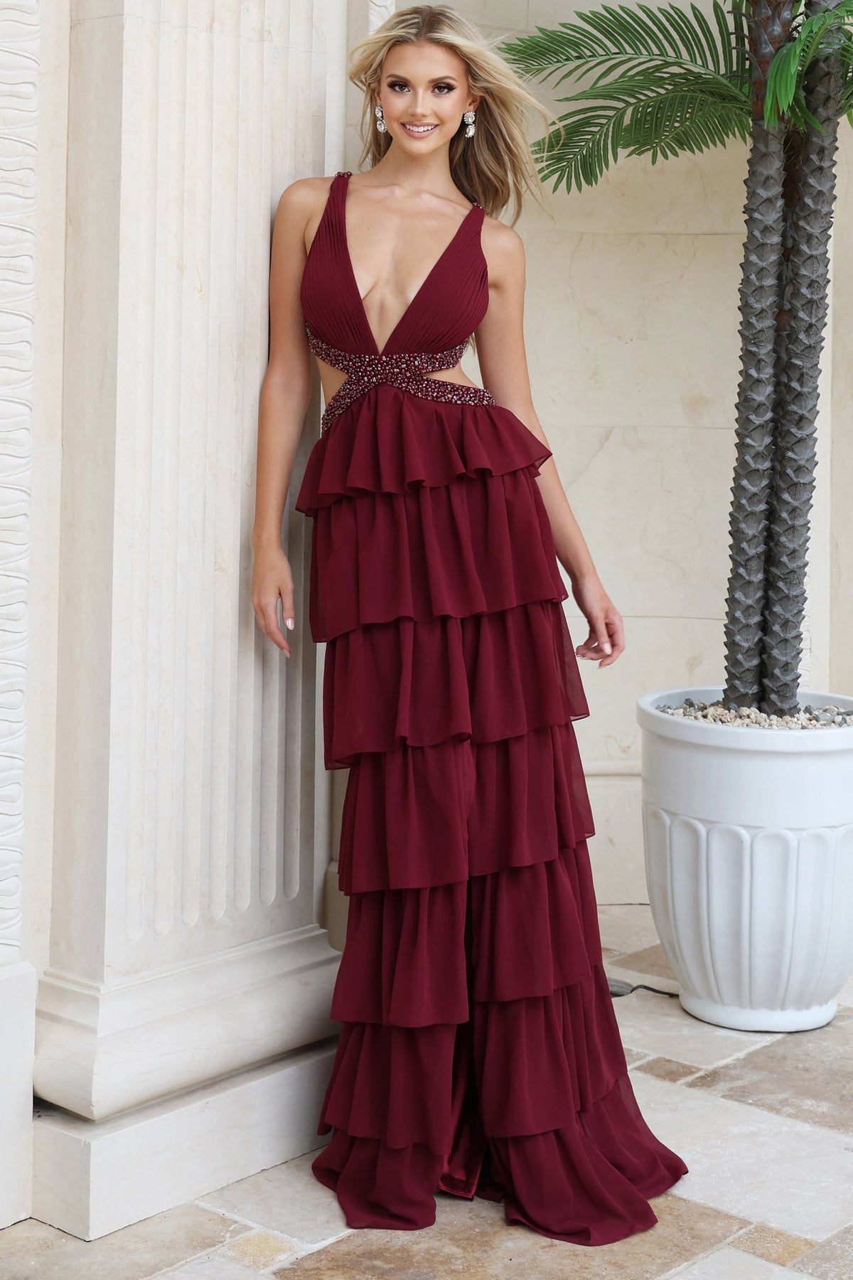 Jovani 54029 Plunging V Neck Beaded Waist Tiered Chiffon Gown