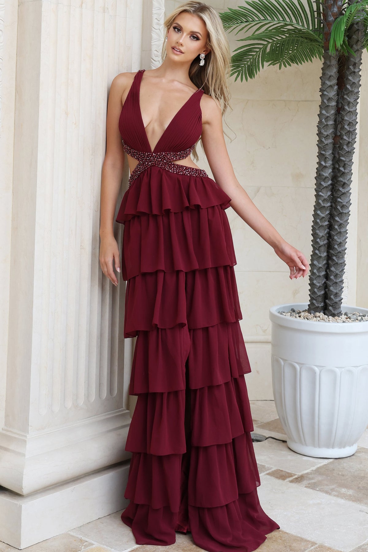 Jovani 54029 Plunging V Neck Beaded Waist Tiered Chiffon Gown