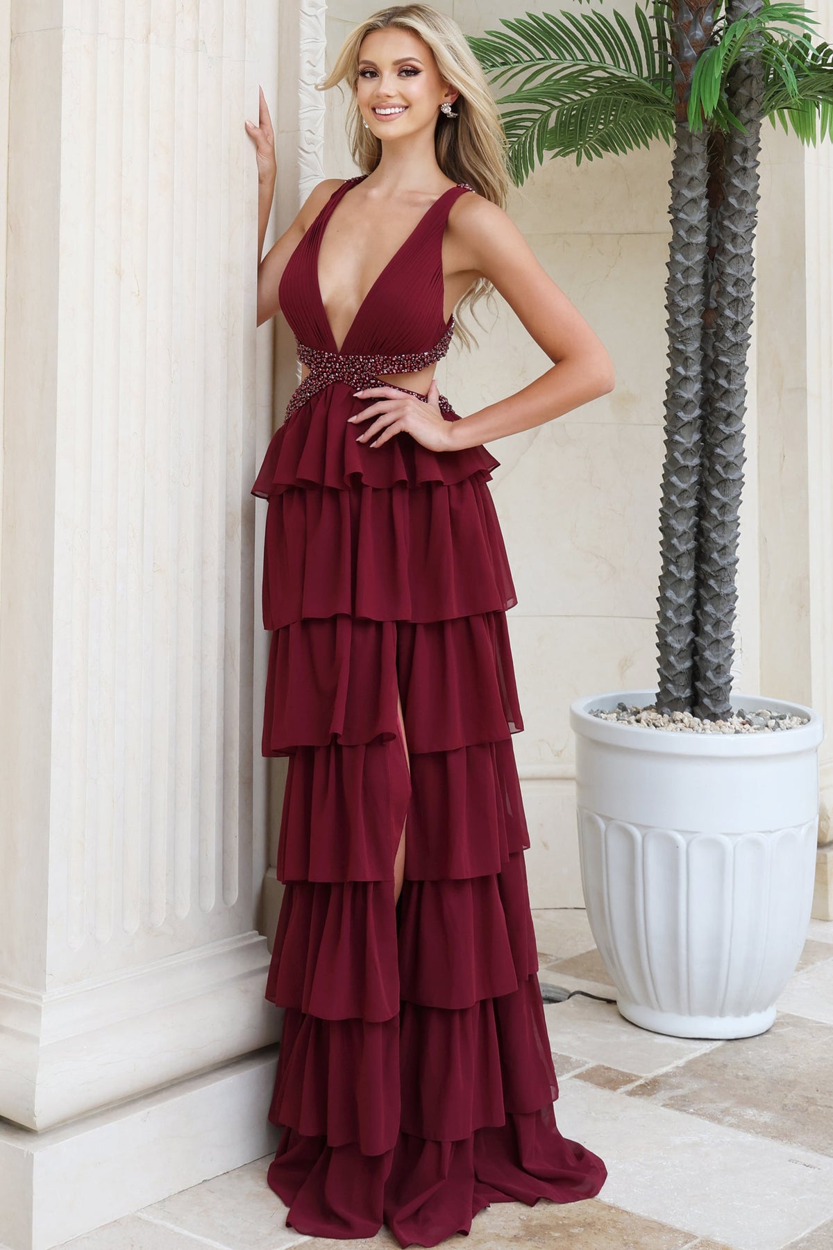 Jovani 54029 Plunging V Neck Beaded Waist Tiered Chiffon Gown