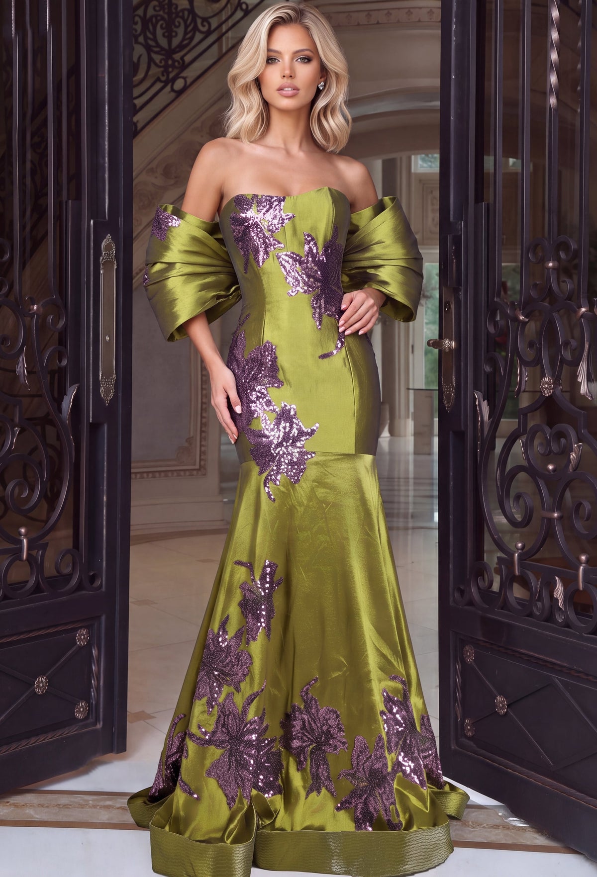 Jovani 54041 Floral Appliqued Mikado Mermaid Gown