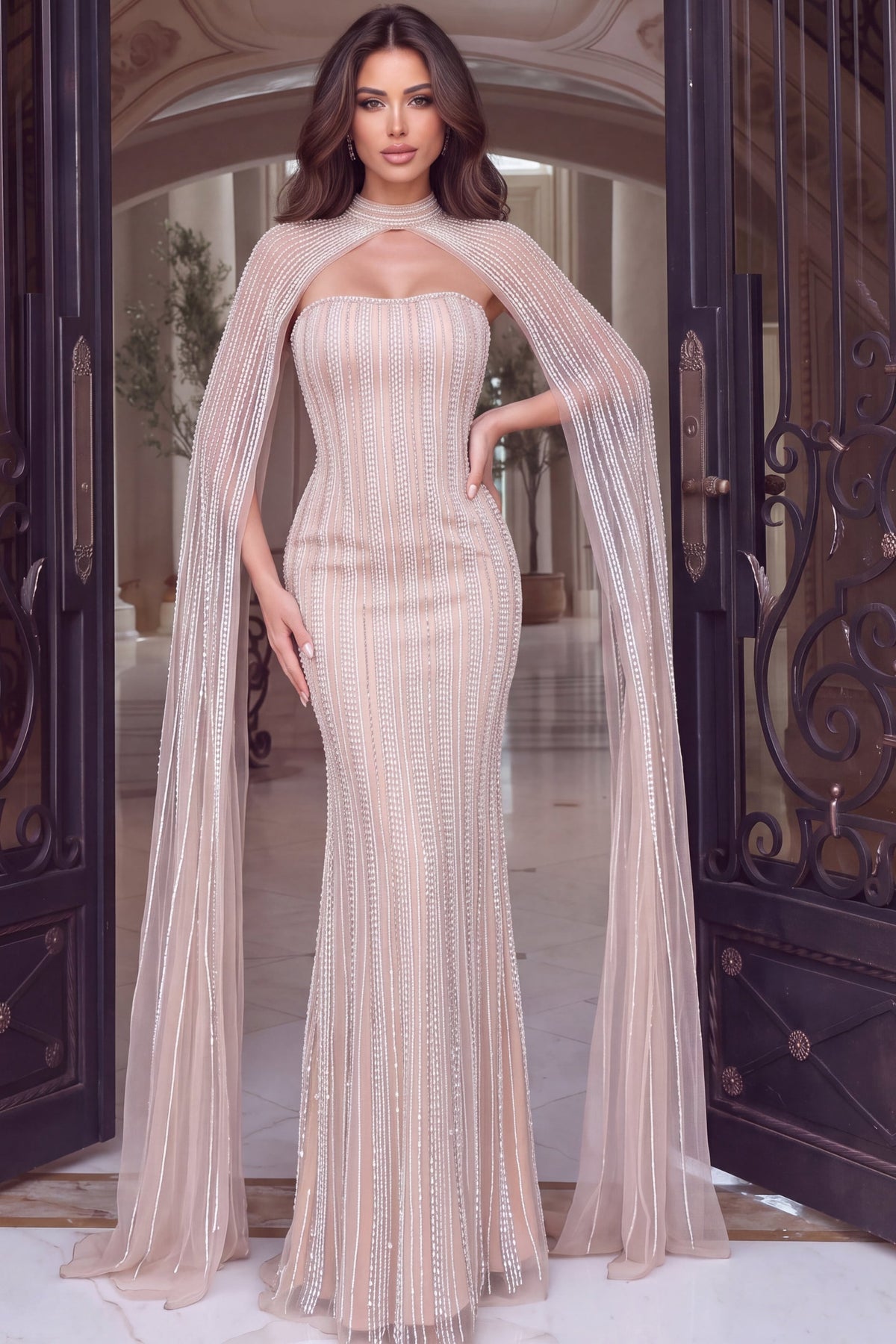 Jovani 54079 Strapless Beaded Stripe Mermaid Gown With Cape Sleeves