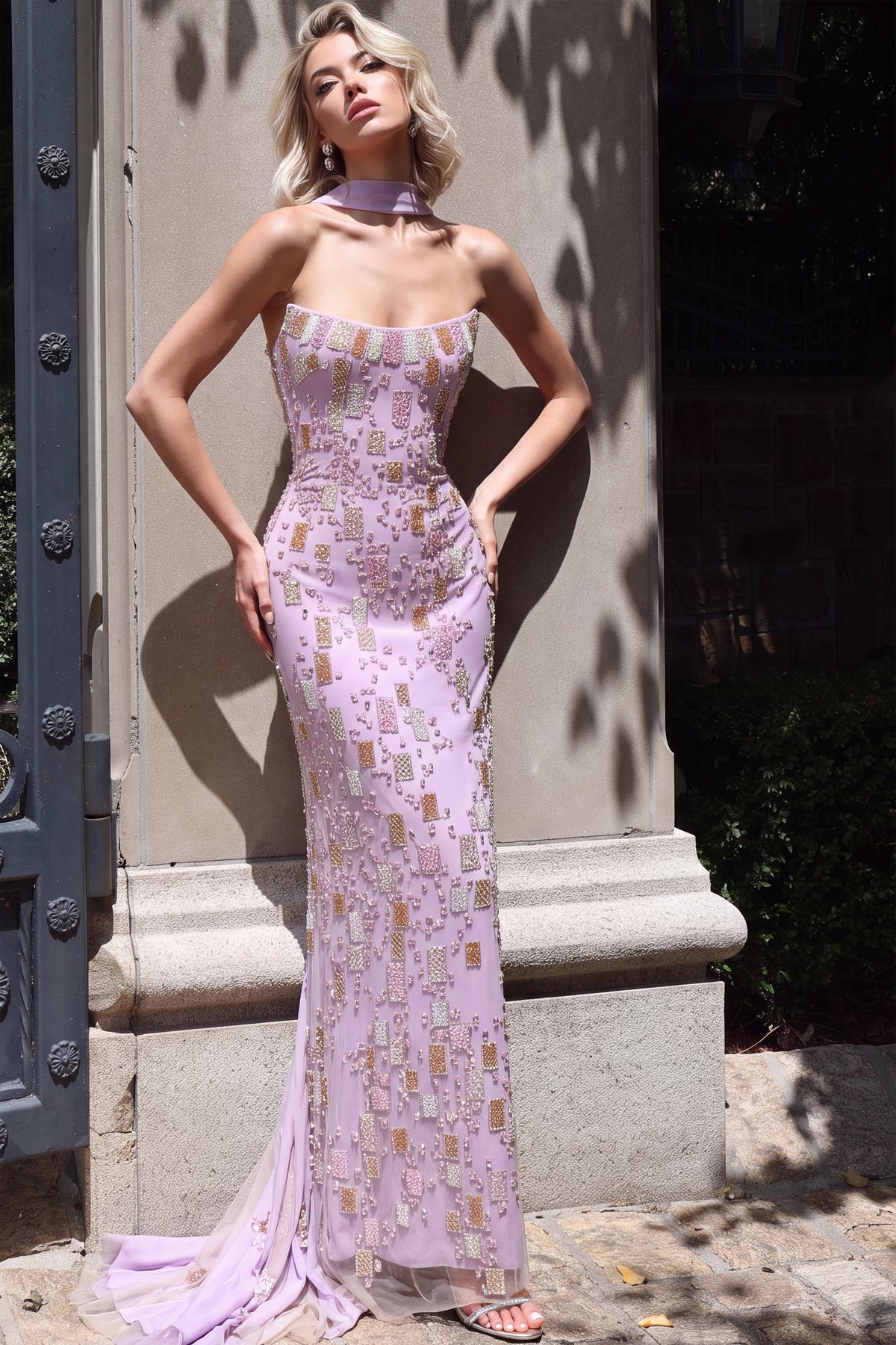Jovani 54176 Beaded Column Gown With Cape Detail