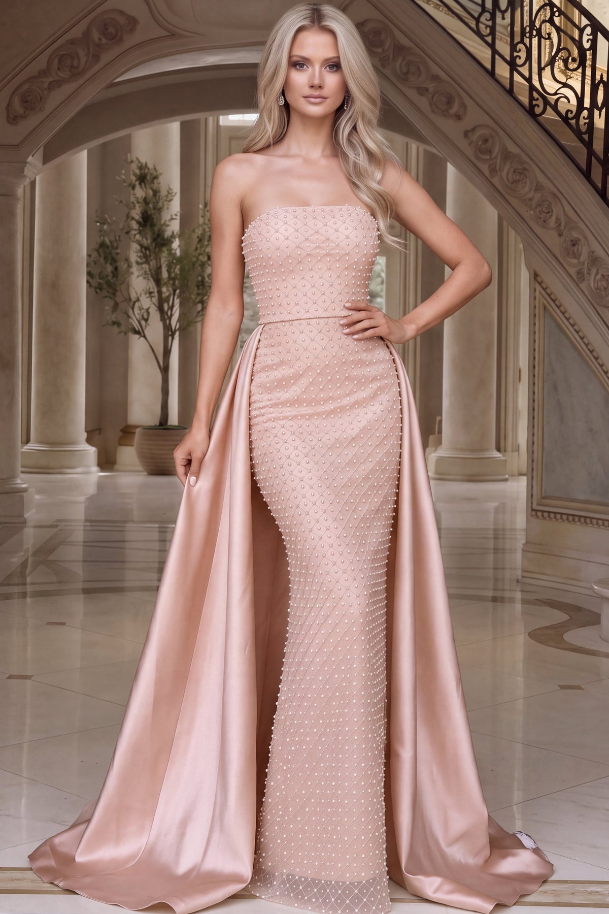 Jovani 54184 Blush Pearl Beaded Mermaid Gown With Overskirt And Bow