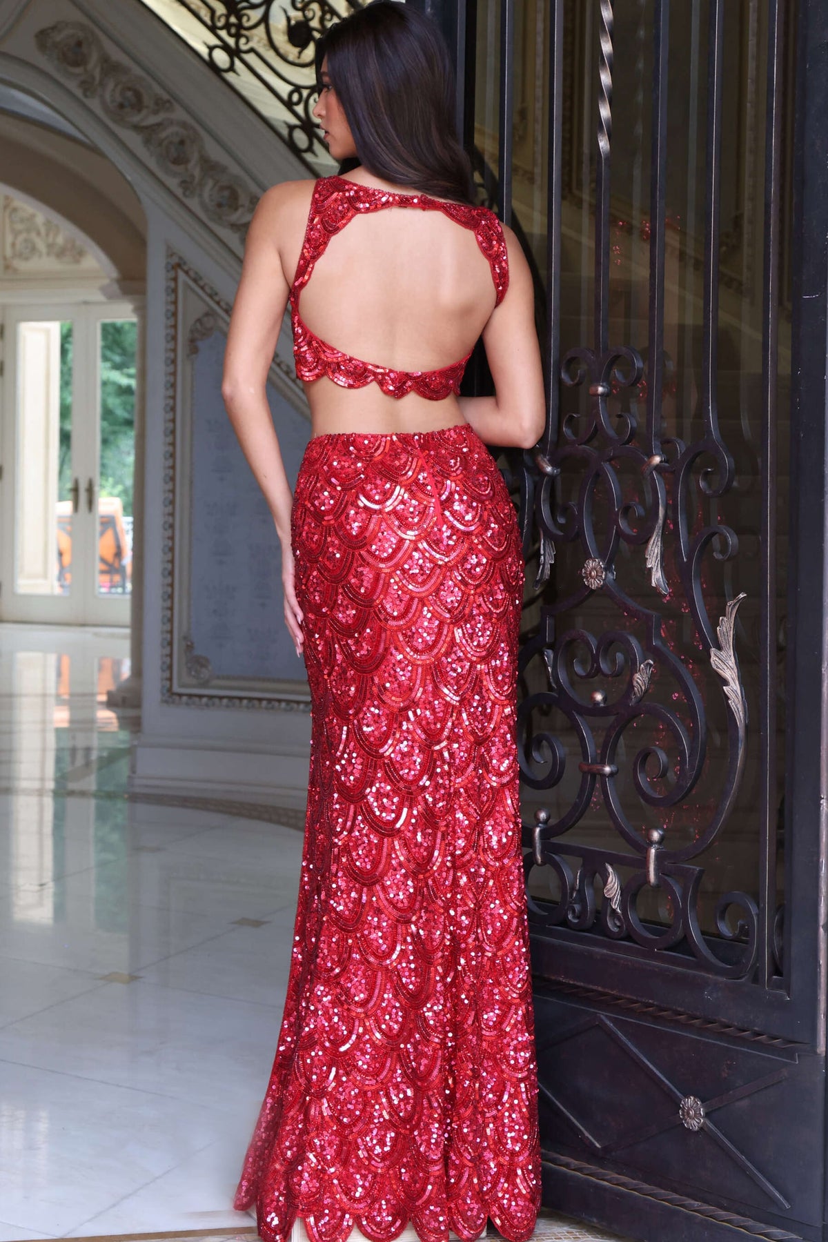 Jovani 54376 Two Piece High Neck Scalloped Sequin High Slit Gown