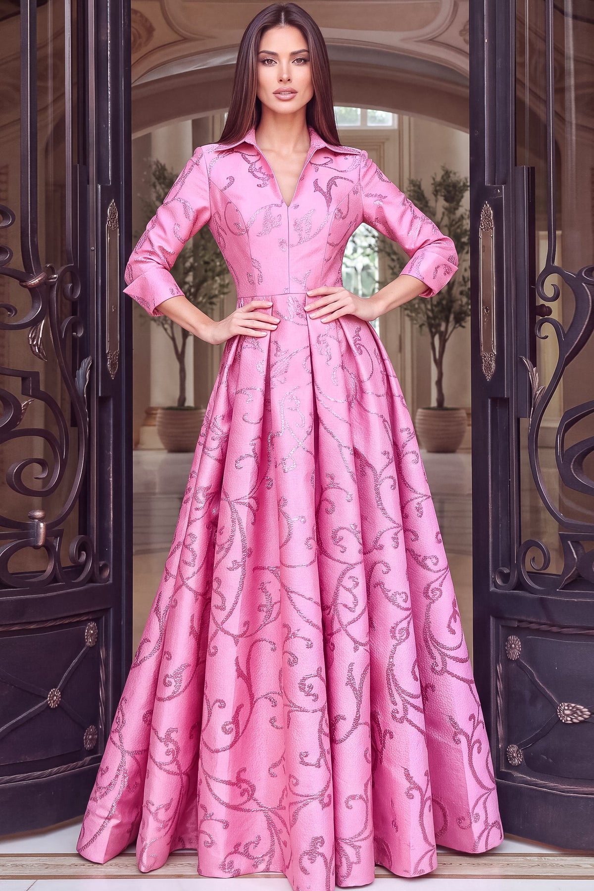 Jovani 54516 V Neck Collared Patterned Ball Gown