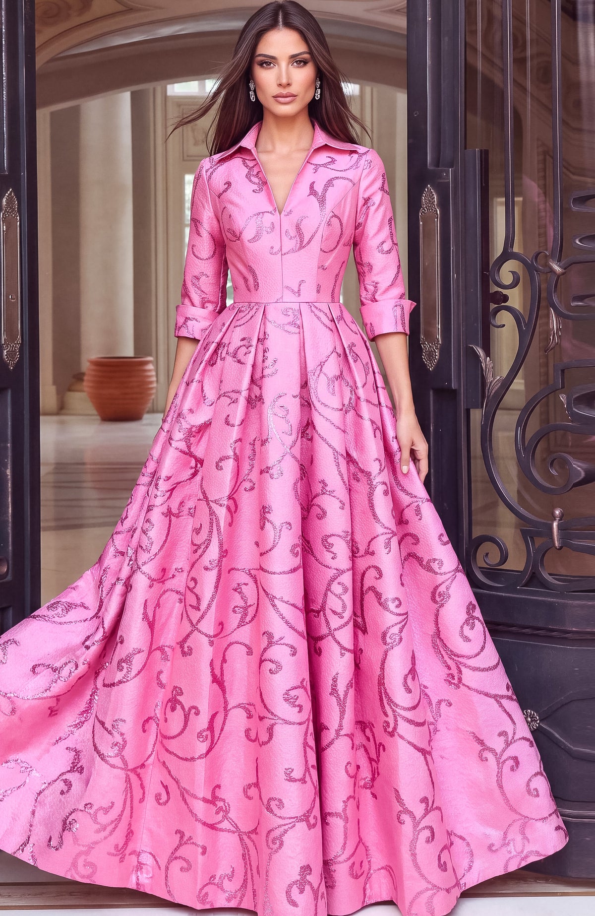 Jovani 54516 V Neck Collared Patterned Ball Gown