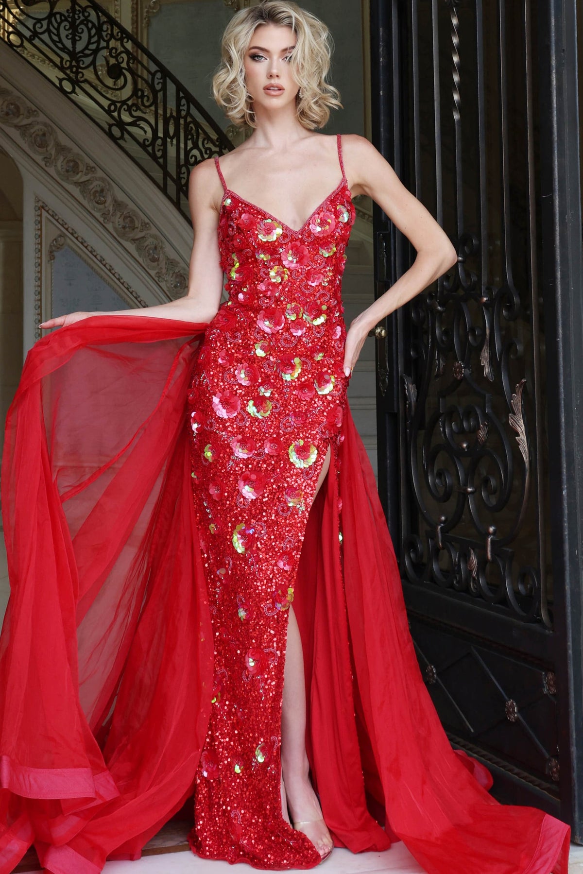 Jovani 54880 Deep V Neck Beaded Sheath Gown With Tulle Overskirt