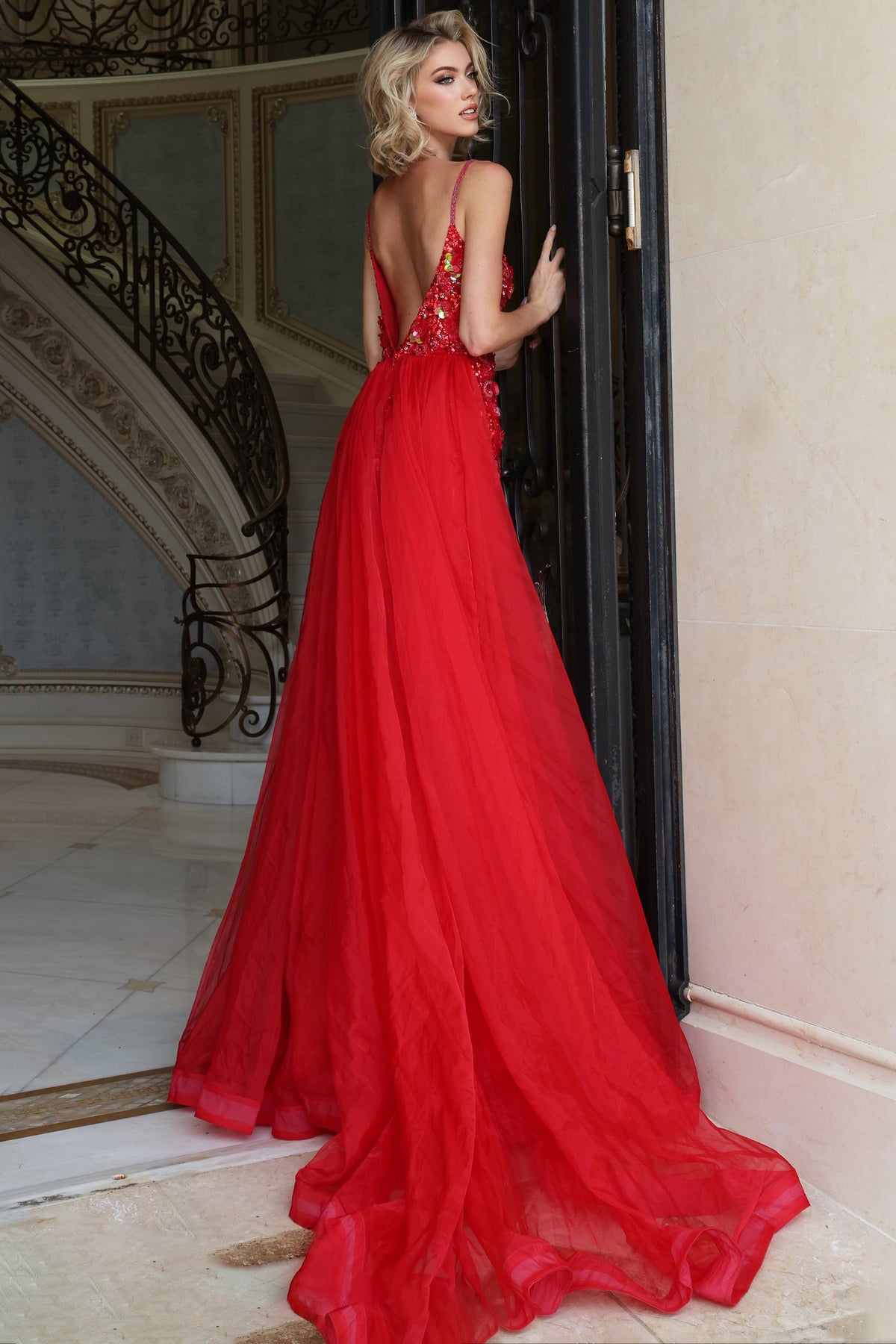 Jovani 54880 Deep V Neck Beaded Sheath Gown With Tulle Overskirt