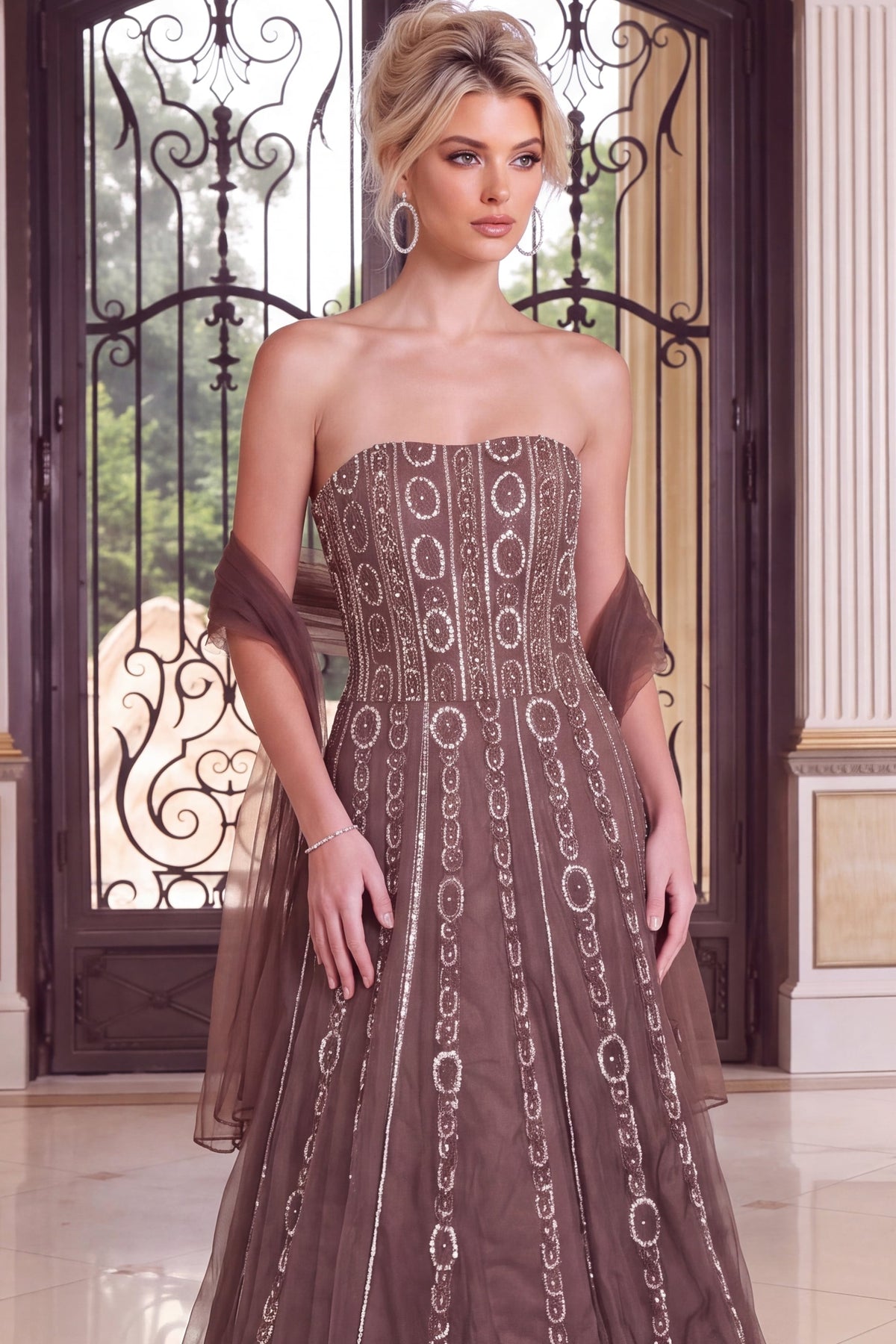 Jovani 54895 Beaded Medallion Stripe Tulle Ball Gown