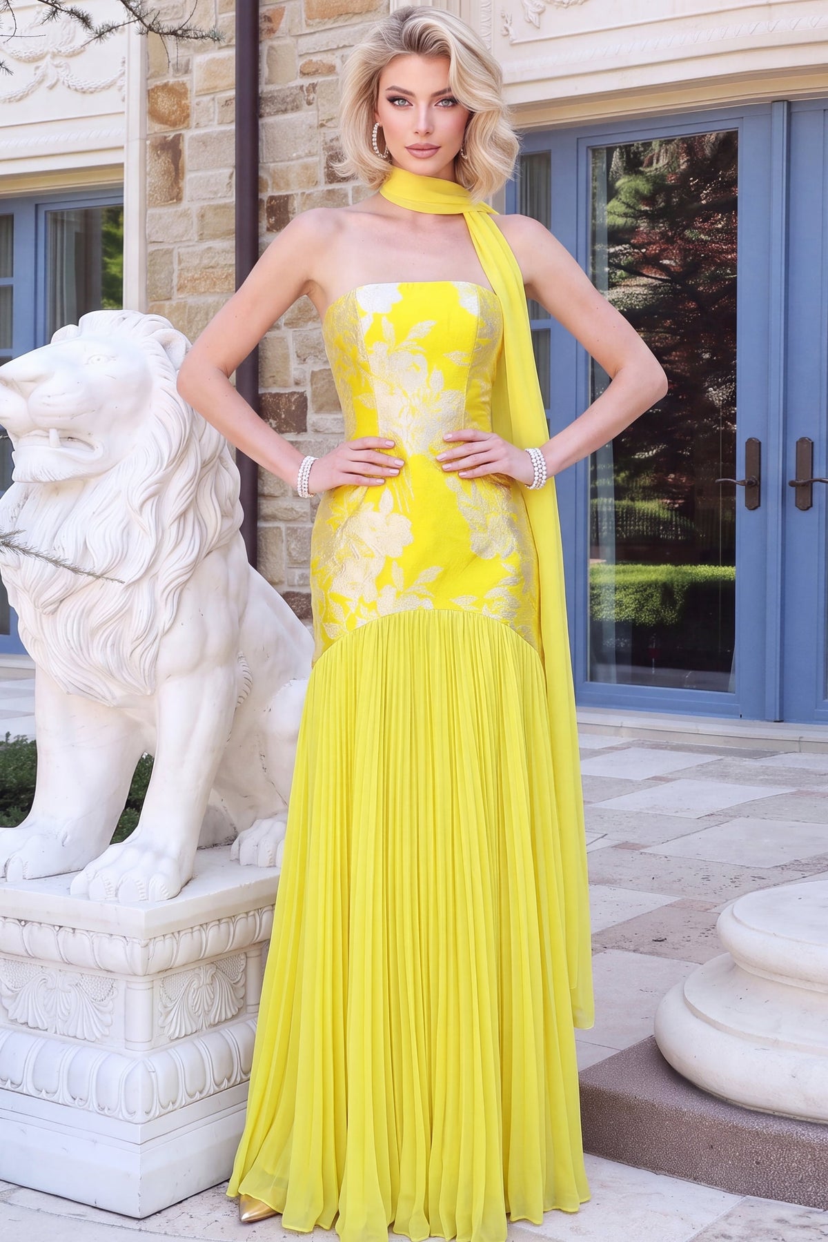 Jovani 55048 Strapless Floral Brocade Pleated Chiffon Gown