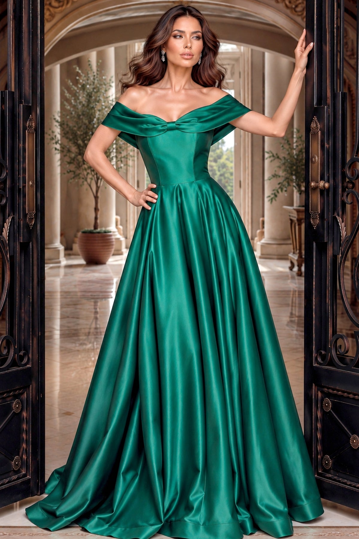 Jovani 55122 Off The Shoulder A Line Satin Gown