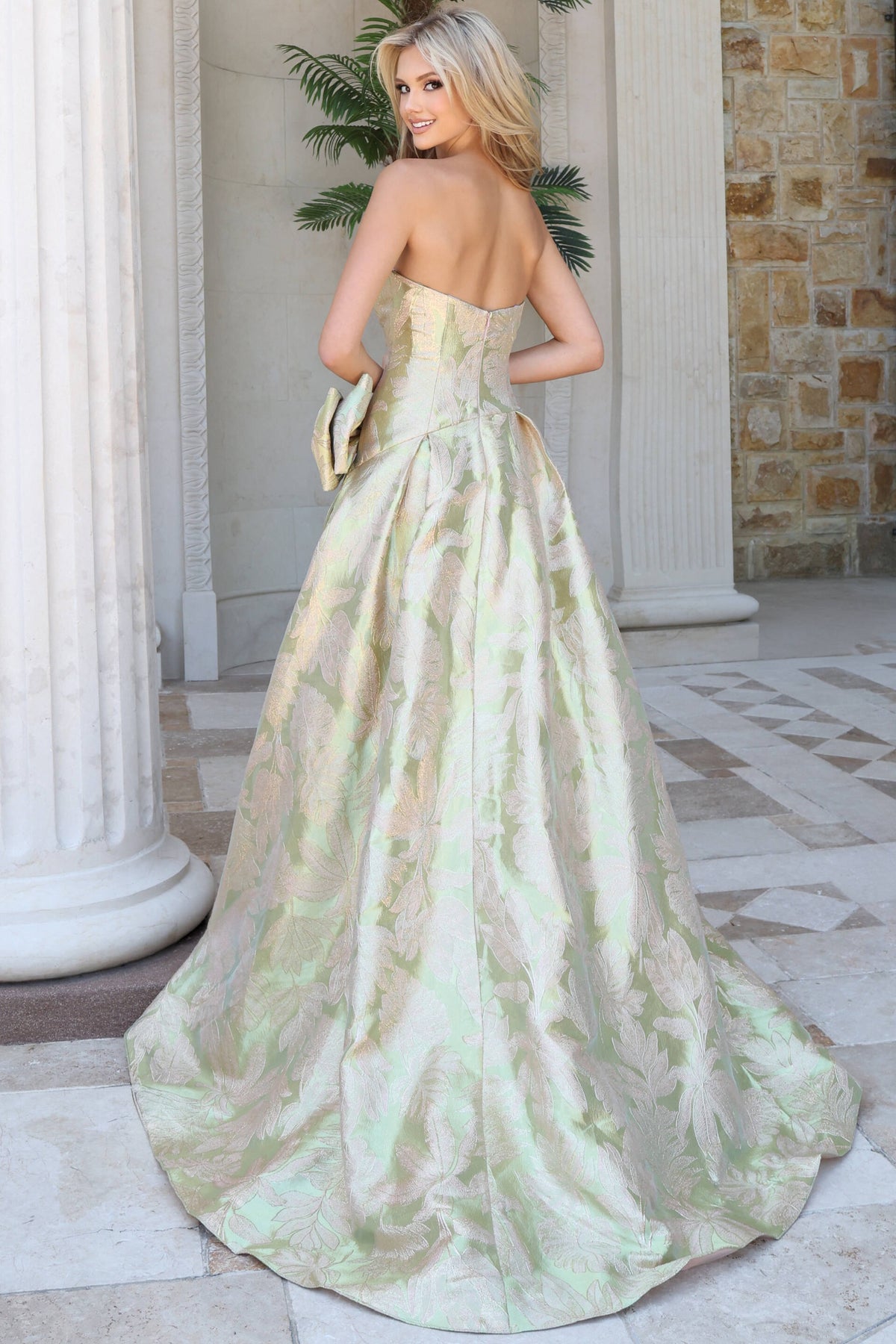 Jovani 55179 Strapless Corset Bow Brocade Ball Gown