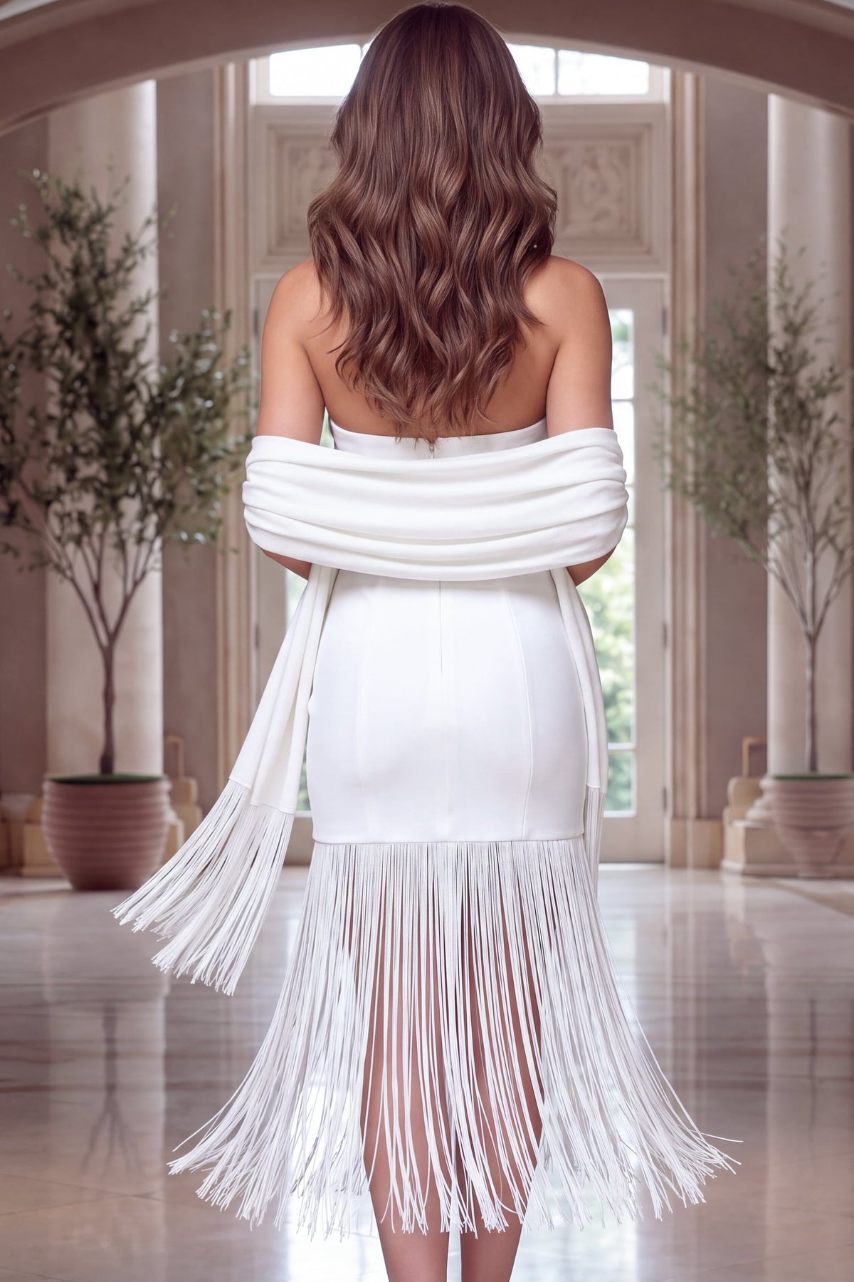 Jovani 55225 Fringe Hem Strapless Midi Dress