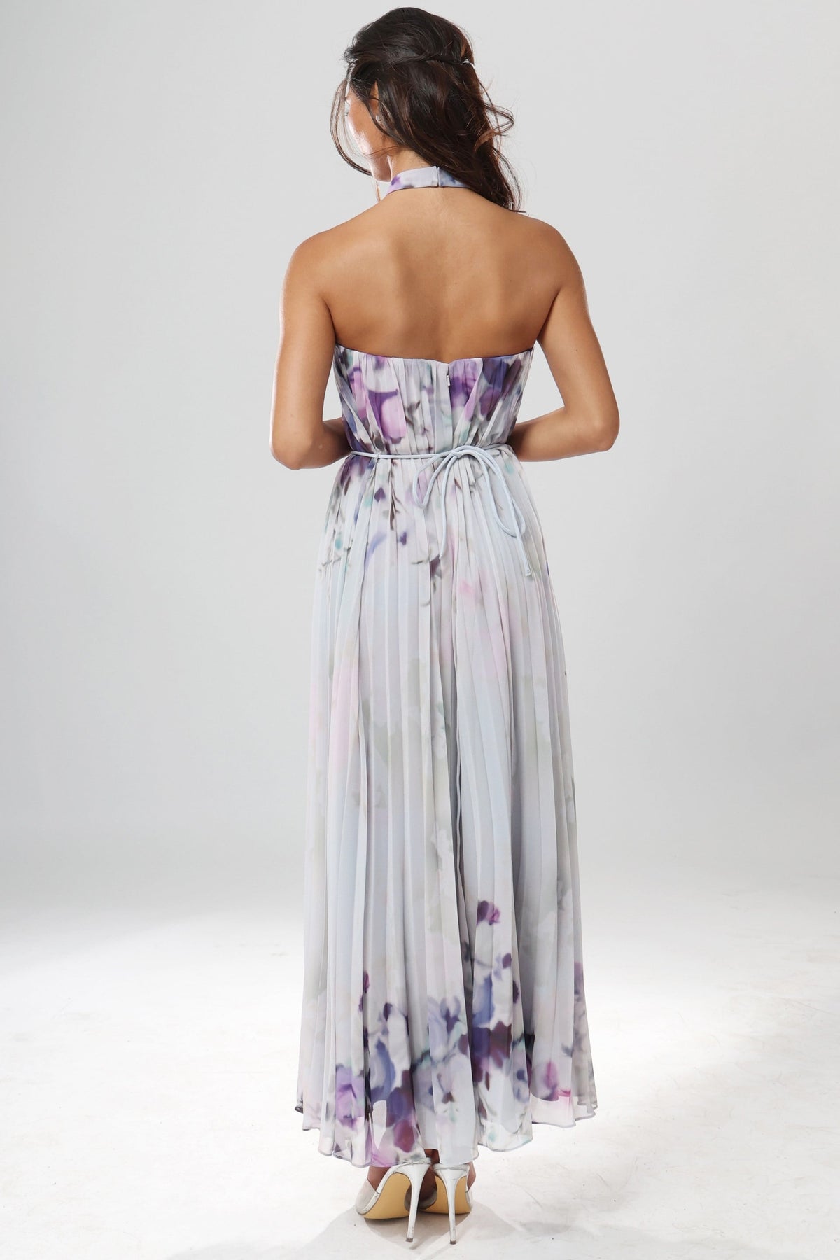 Jovani 55317 Pastel Floral Pleated Halter Maxi Dress